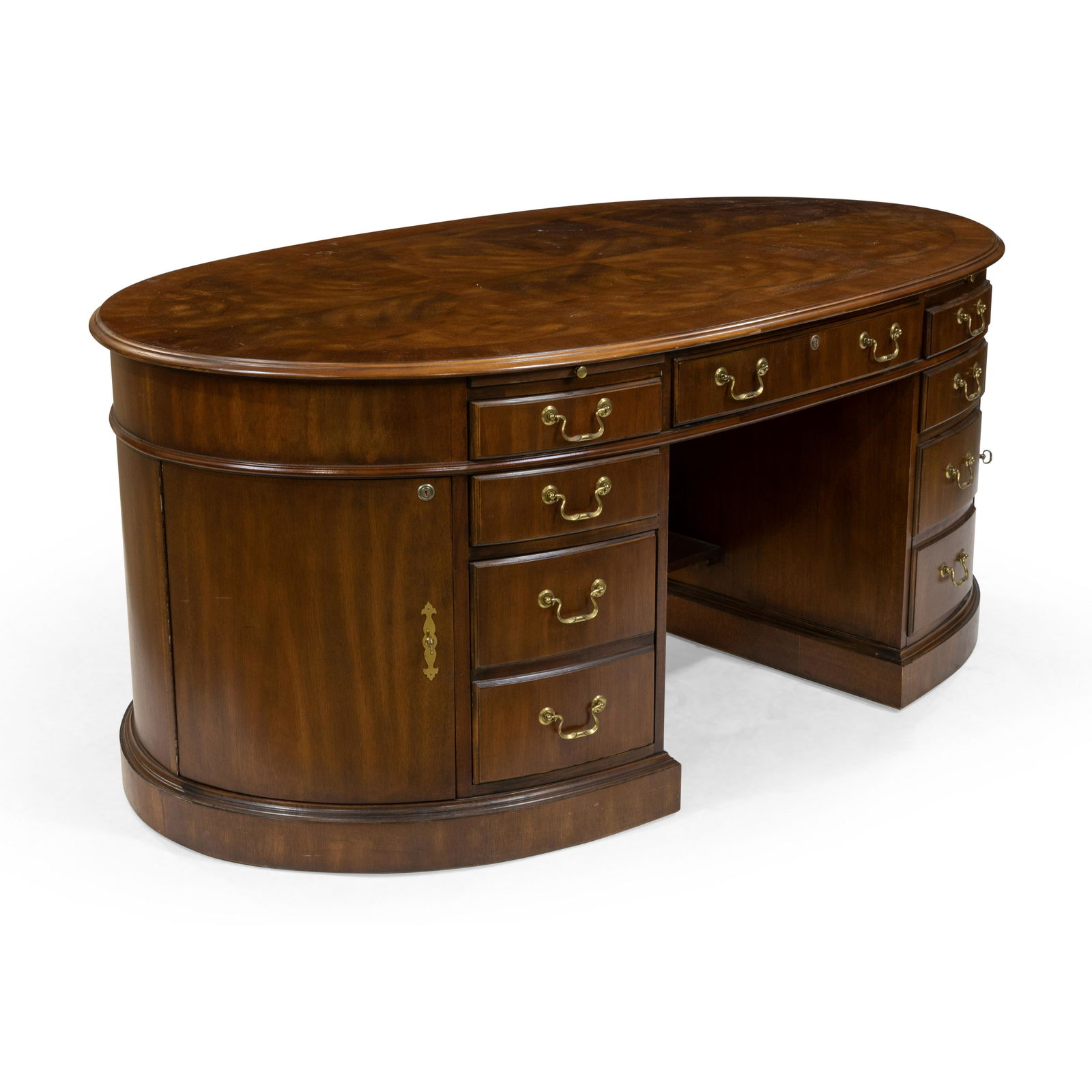 Banded Mahogany Oval Executive Desk: Description - Banded mahogany oval executive desk. Dimensions - 30.5" x 70" x 40"