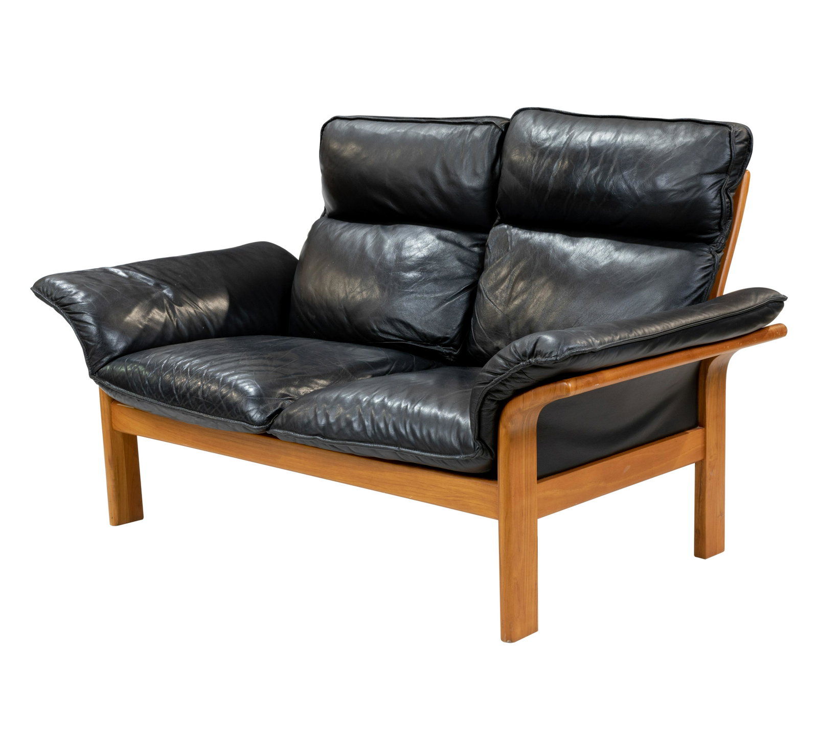 Danish Style Teak and Leather Loveseat: Description - Danish style teak and leather loveseat. Dimensions - 36" x 64" x 34"
