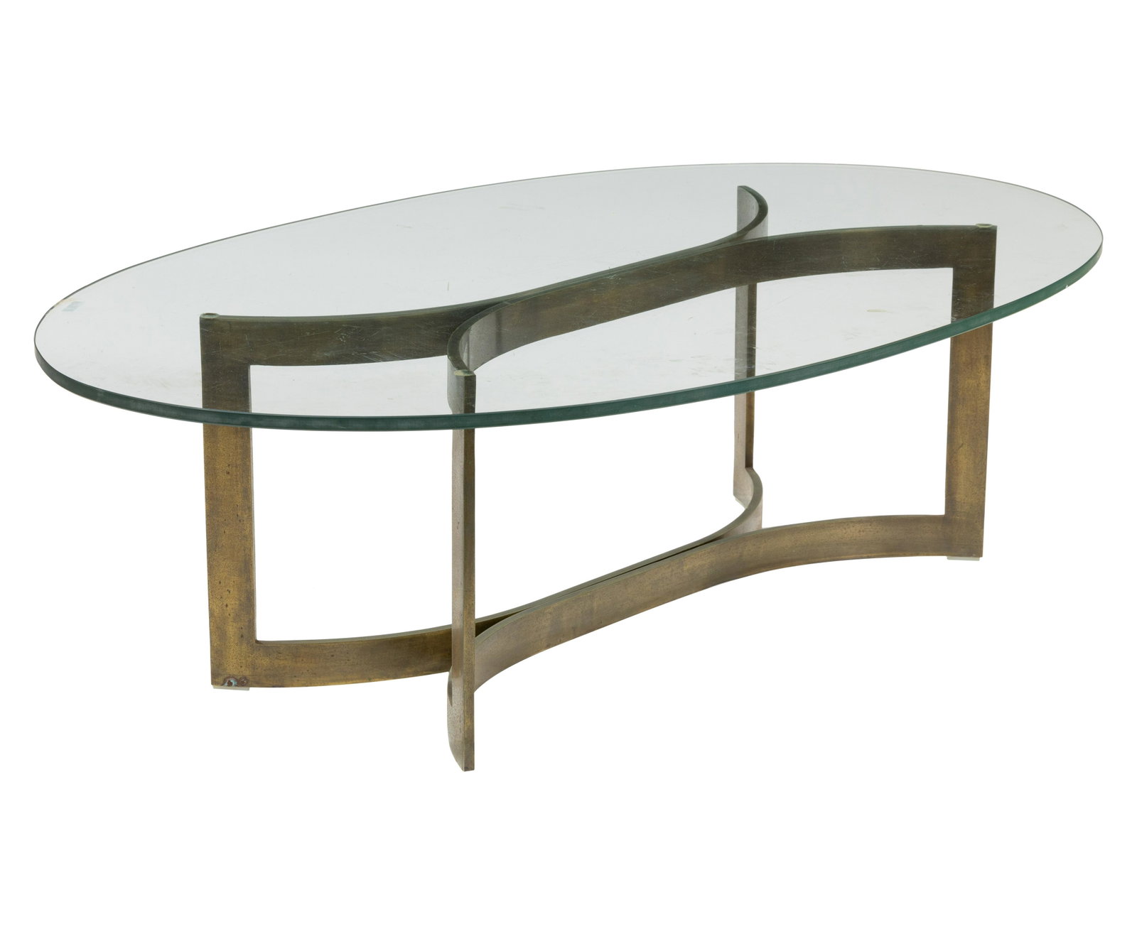 Bronze and Glass Coffee Table: Description - Bronze and glass coffee table. Dimensions - 16" x 56" x 34"