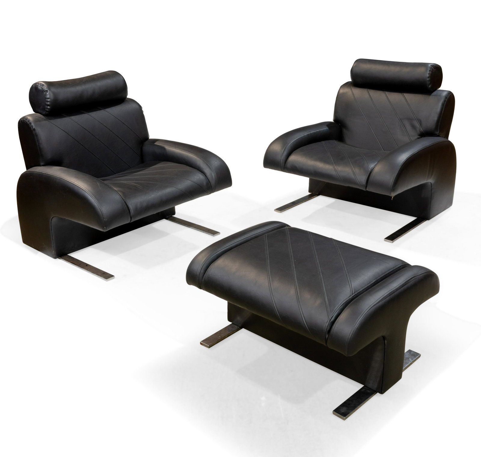 Reclining Lounge Chairs and Ottoman: Description - Pair of reclining lounge chairs with one ottoman. Dimensions - 35" x 34" x 33"