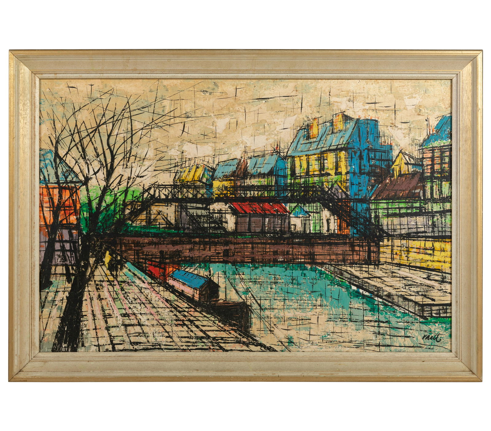 Bernard Buffet Style Oil on Canvas - Canal in City (1 of 3)