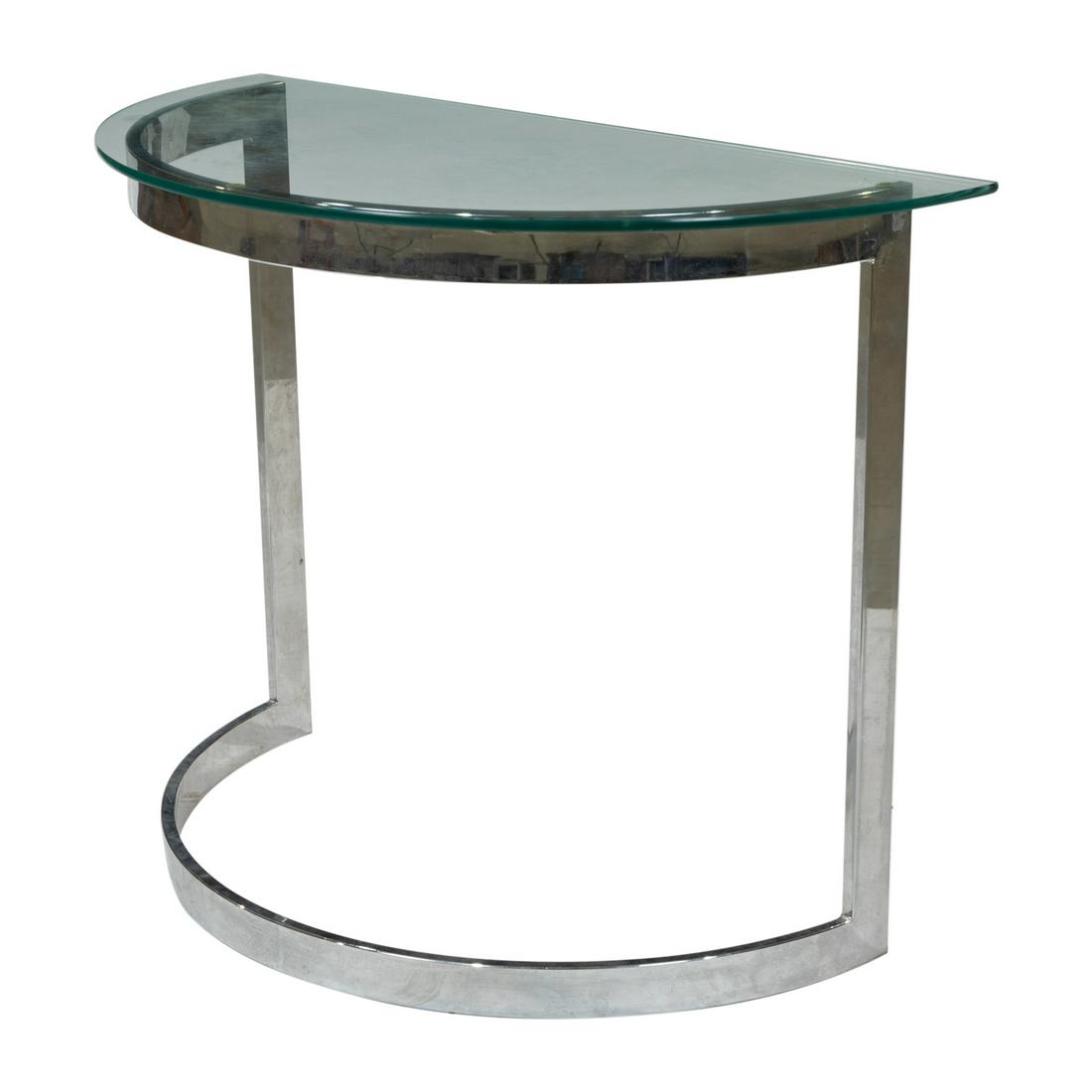 Chrome and Glass Console Table: Description - Chrome and glass demilune console table. Dimensions - 28" x 36" x 18"
