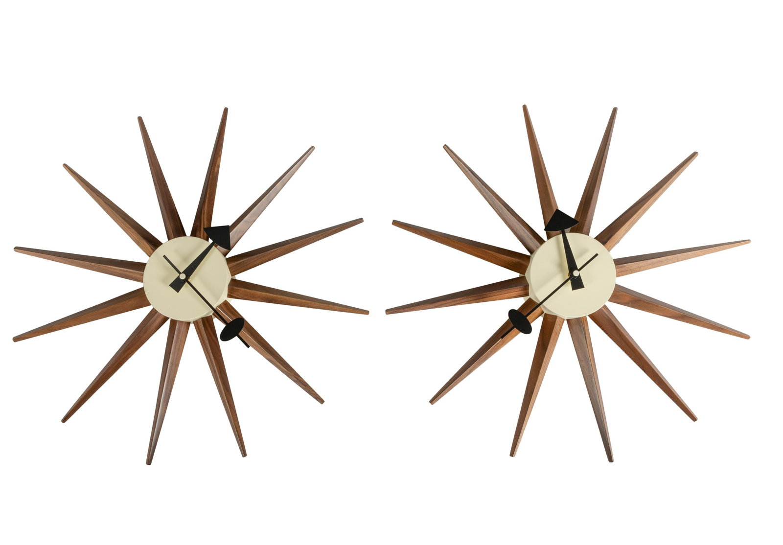 George Nelson (After) - Pair of Clocks: Description - Pair of walnut and metal clocks in the manner of George Nelson. Dimensions - 18.5"