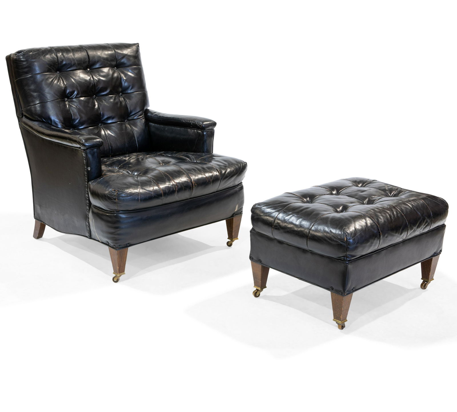 Kittinger - Leather Lounge Chair and Ottoman: Description - Kittinger black leather lounge chair and ottoman. Dimensions - 33" x 29" x 34"