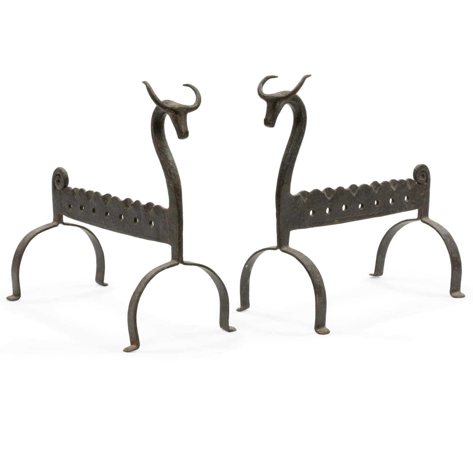 Steer Andirons: Description - Steer andirons hand forged, unmarked. Dimensions - 12.5" x 12" x 7"