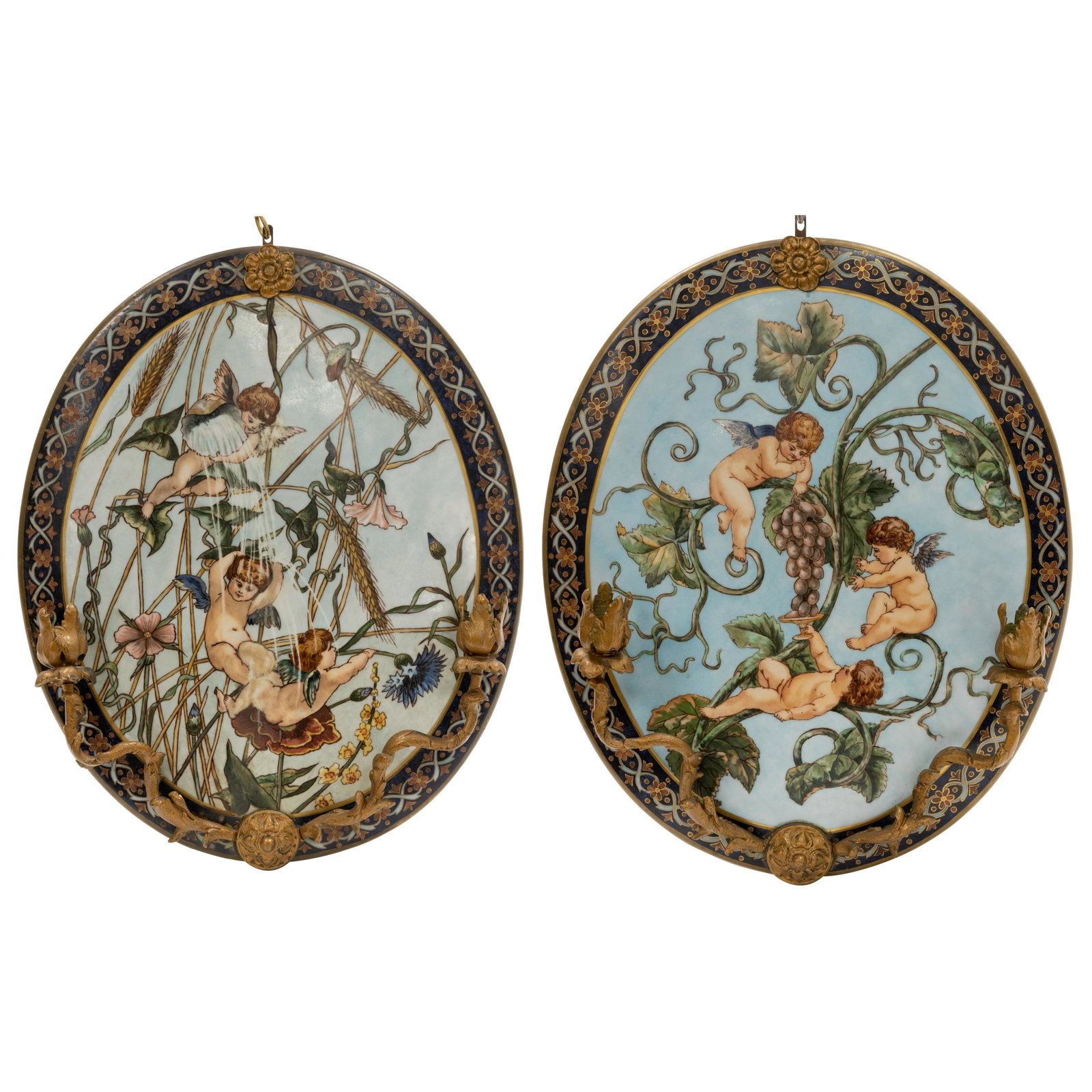 French Porcelain and Bronze Sconces: Description - French porcelain and bronze sconces. Dimensions - 16.5" x 13.5"
