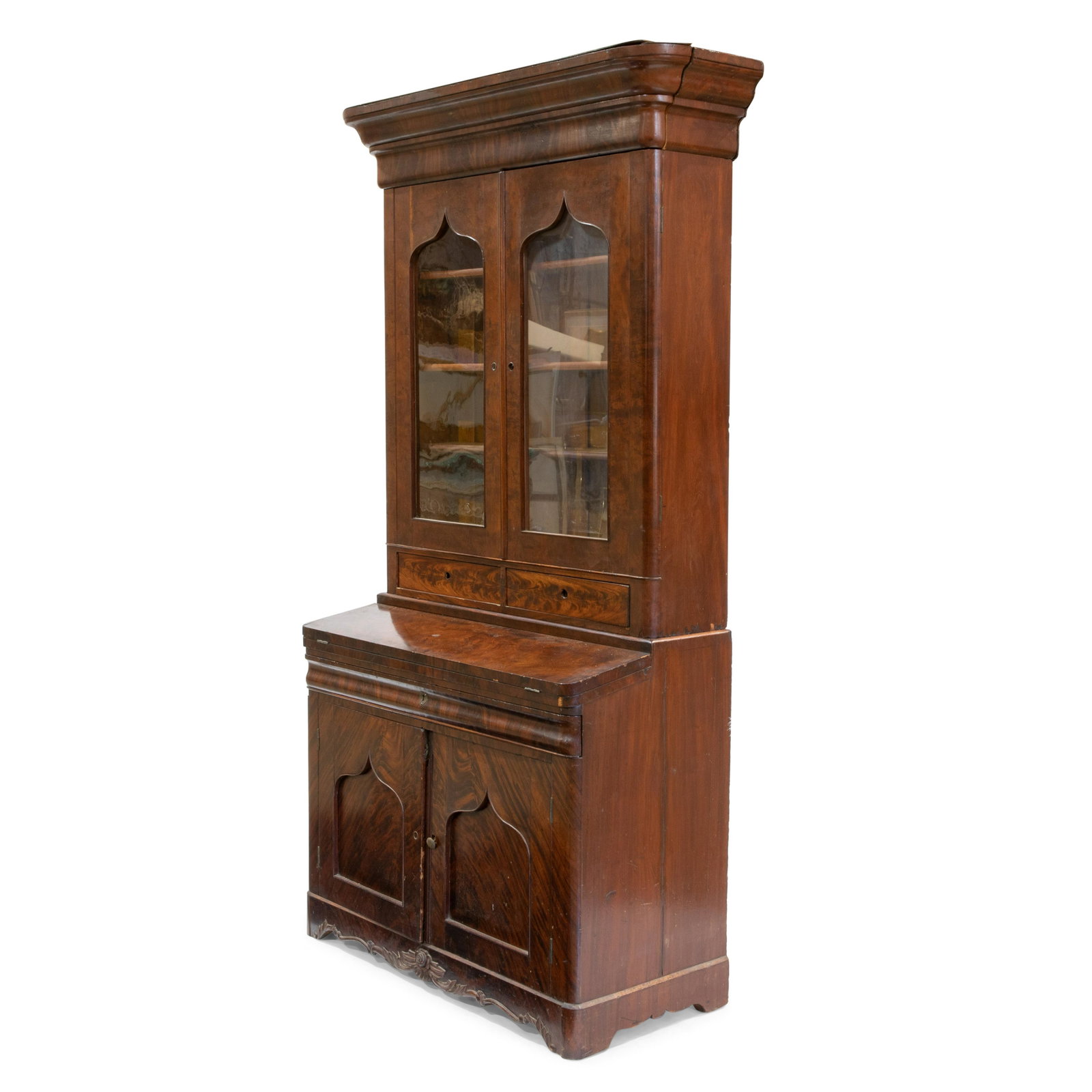 Gothic Style Secretary Bookcase: Description - Gothic style crotch mahogany secretary bookcase. Dimensions - 89" x 43" x 20.5"
