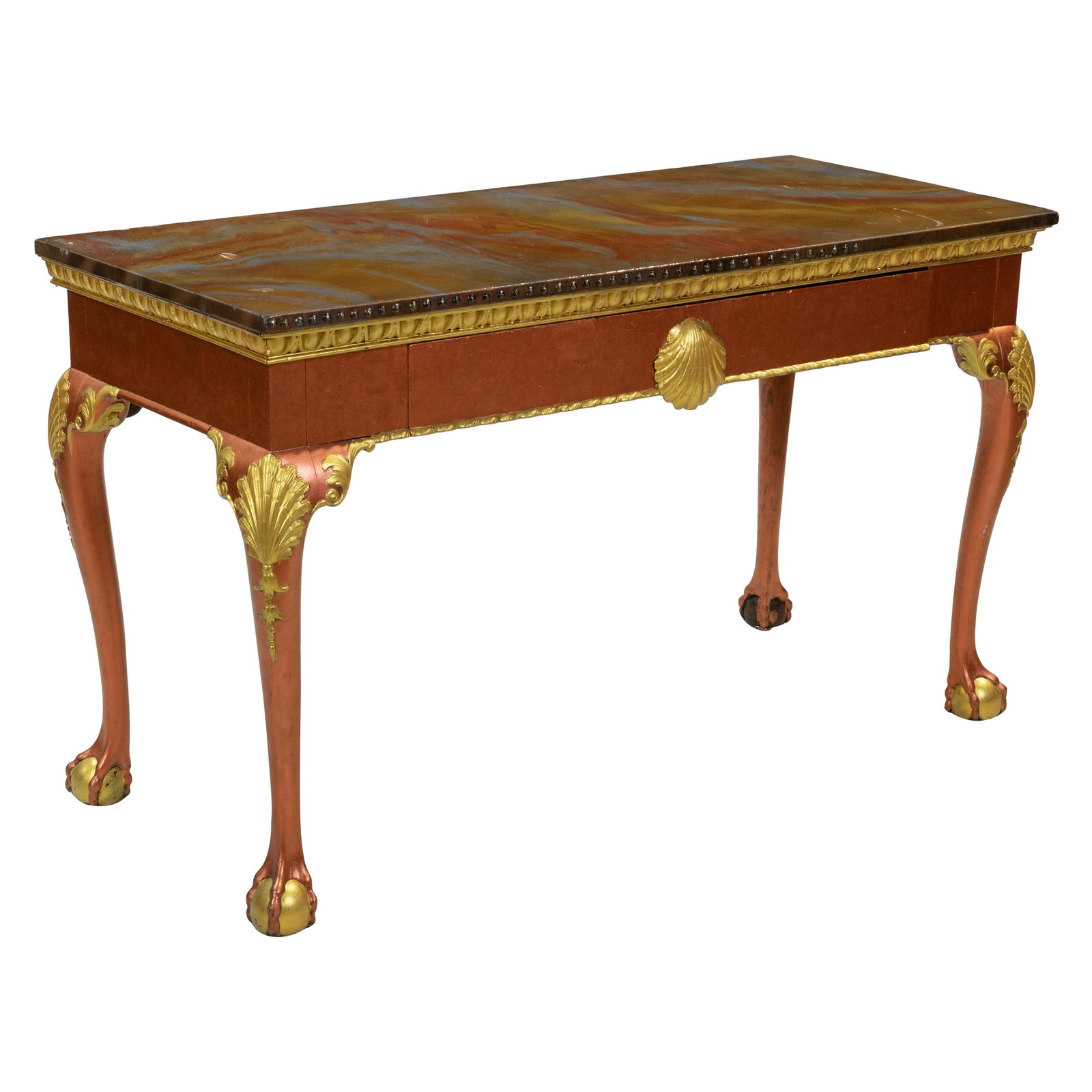English Georgian Mahogany Console: Description - English 19th c. Georgian claw foot and shell carved paint decorated mahogany console. Dimensions - 30" x 51" x 22"