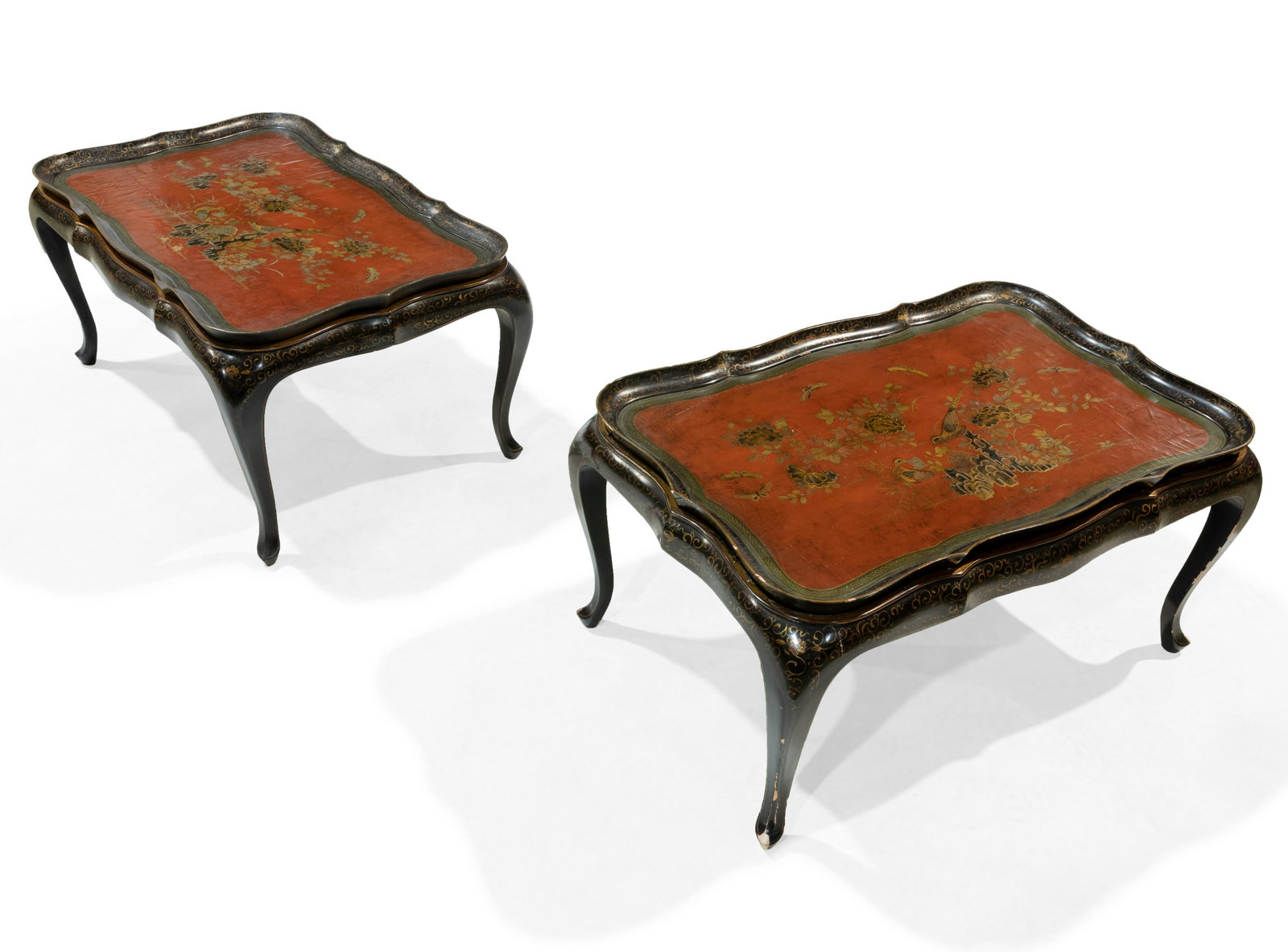 Chinoiserie English Tray Tables: Description - Pair of chinoiserie English lacquer tray tables. Dimensions - 18" x 34" x 22"