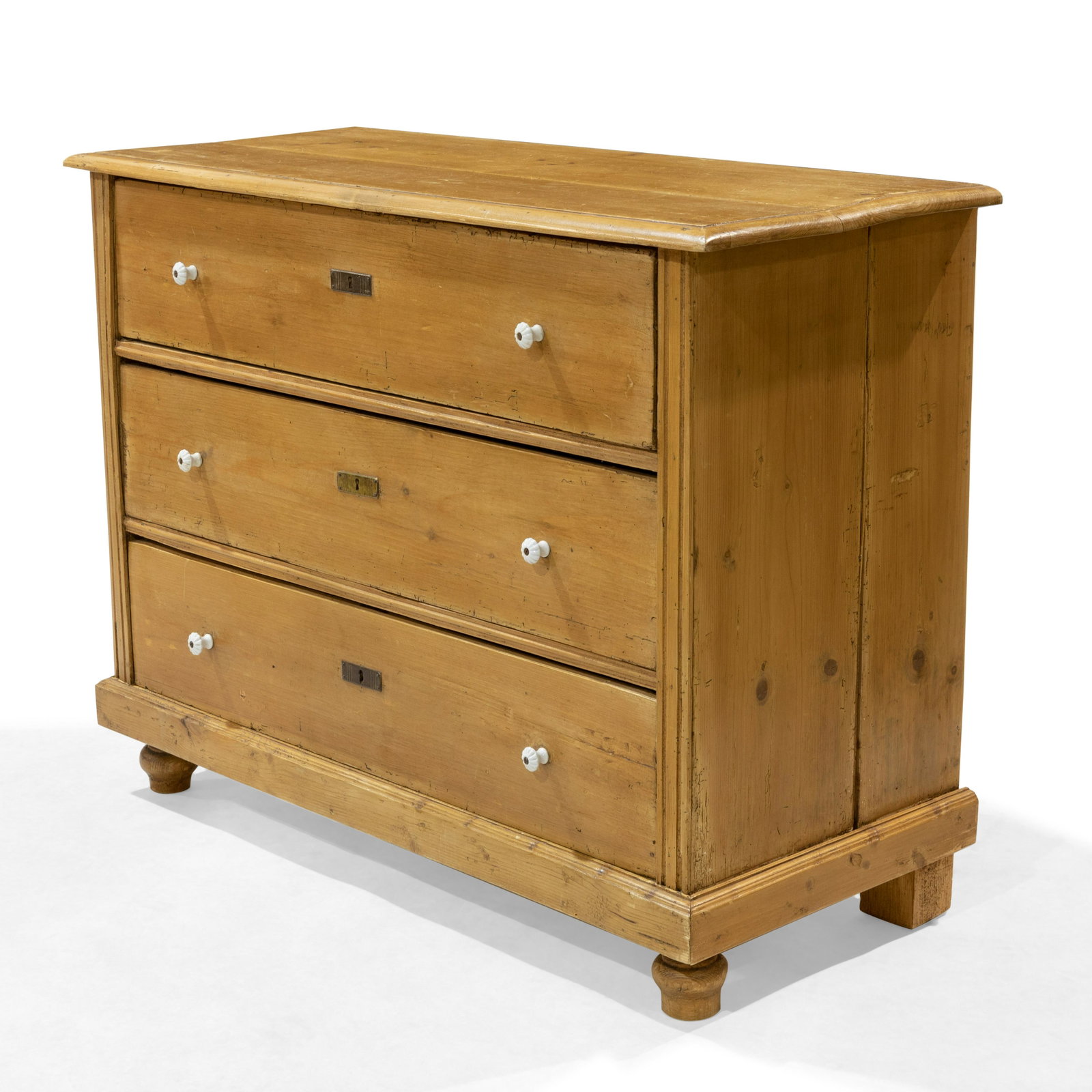 English Scrub Pine Commode: Description - English 19th c. scrub pine 3 drawer commode. Dimensions - 37.5" x 49" x 20"