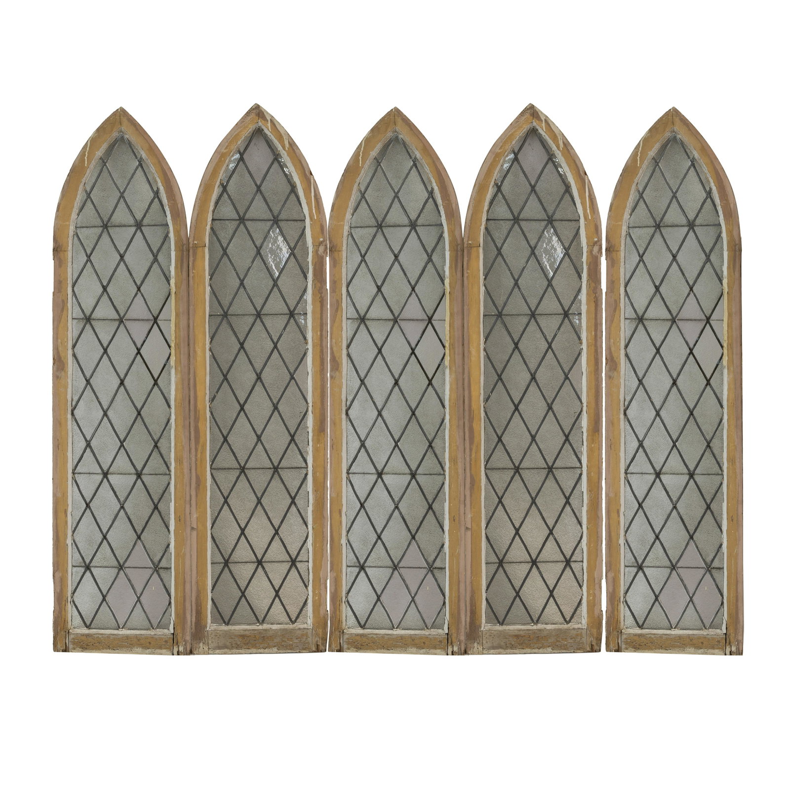 5 Gothic Style Leaded Glass Windows: Description - Five gothic style leaded glass windows. Dimensions - 66" x 16.5"