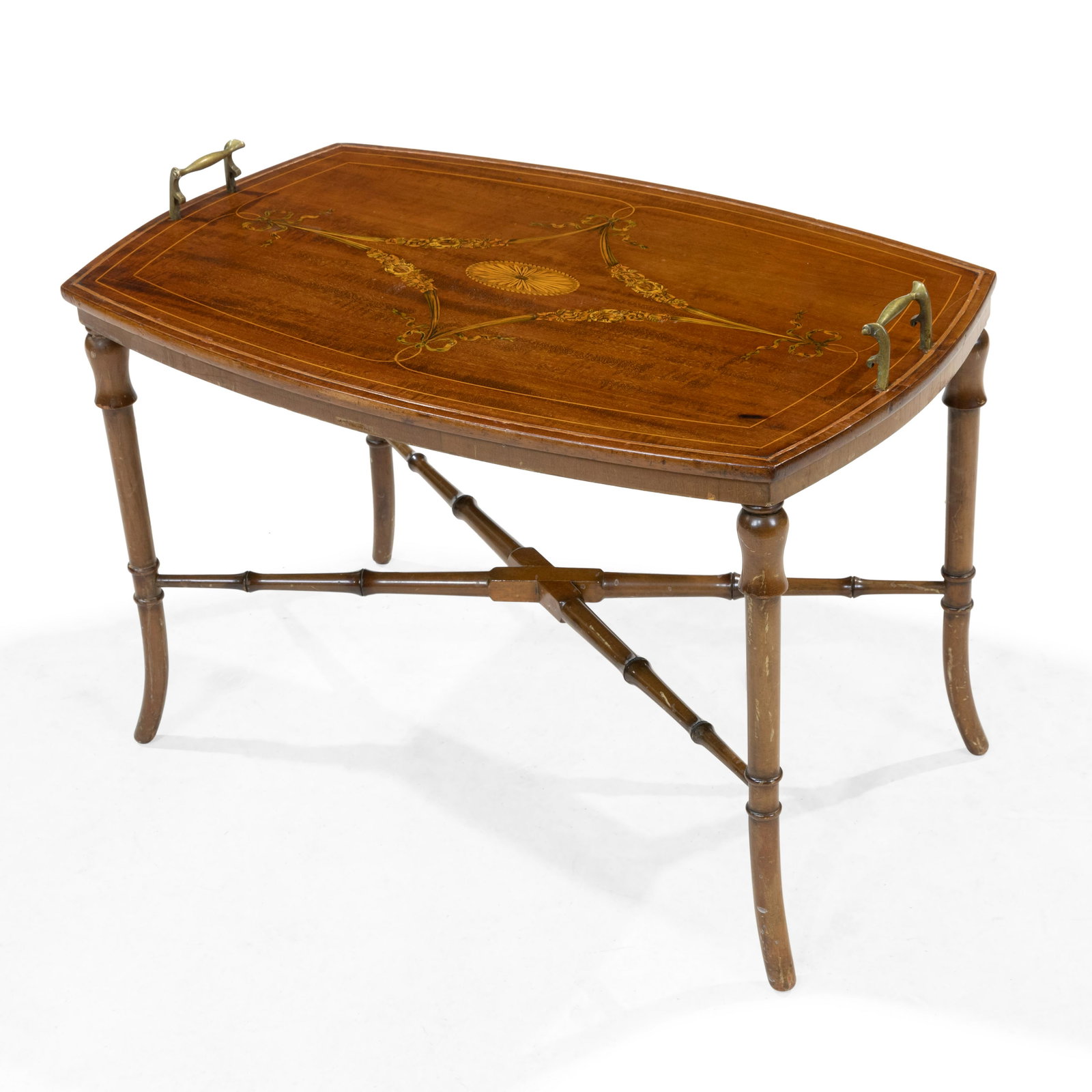 Edwardian Tray Coffee Table: Description - Edwardian finely inlaid tray coffee table with stretcher base. Dimensions - 19" x 26" x 17"