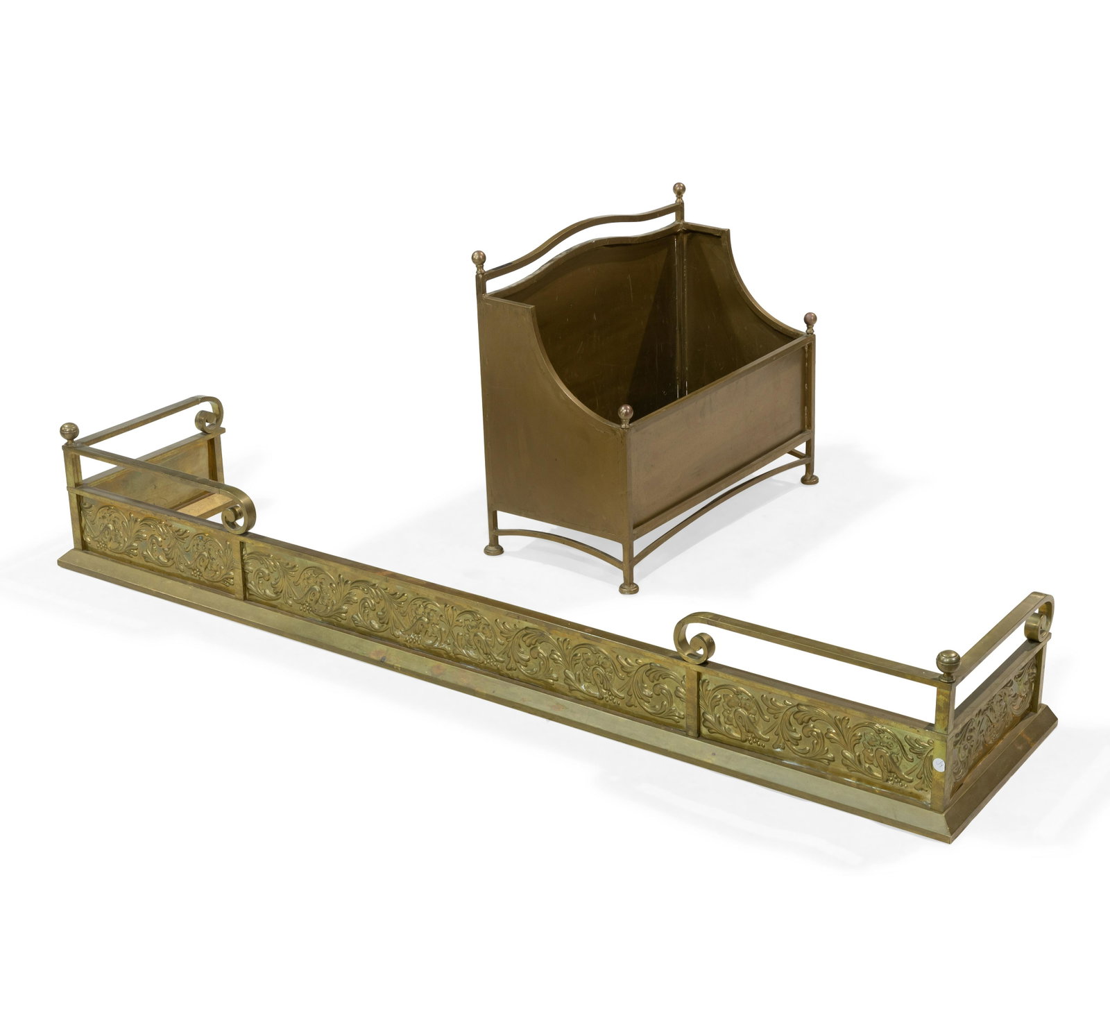 Brass Fire Fender and Iron Log Holder: Description - Large brass fire fender and iron log holder. Dimensions - 22" x 24" x 12"-log holder fender-65"