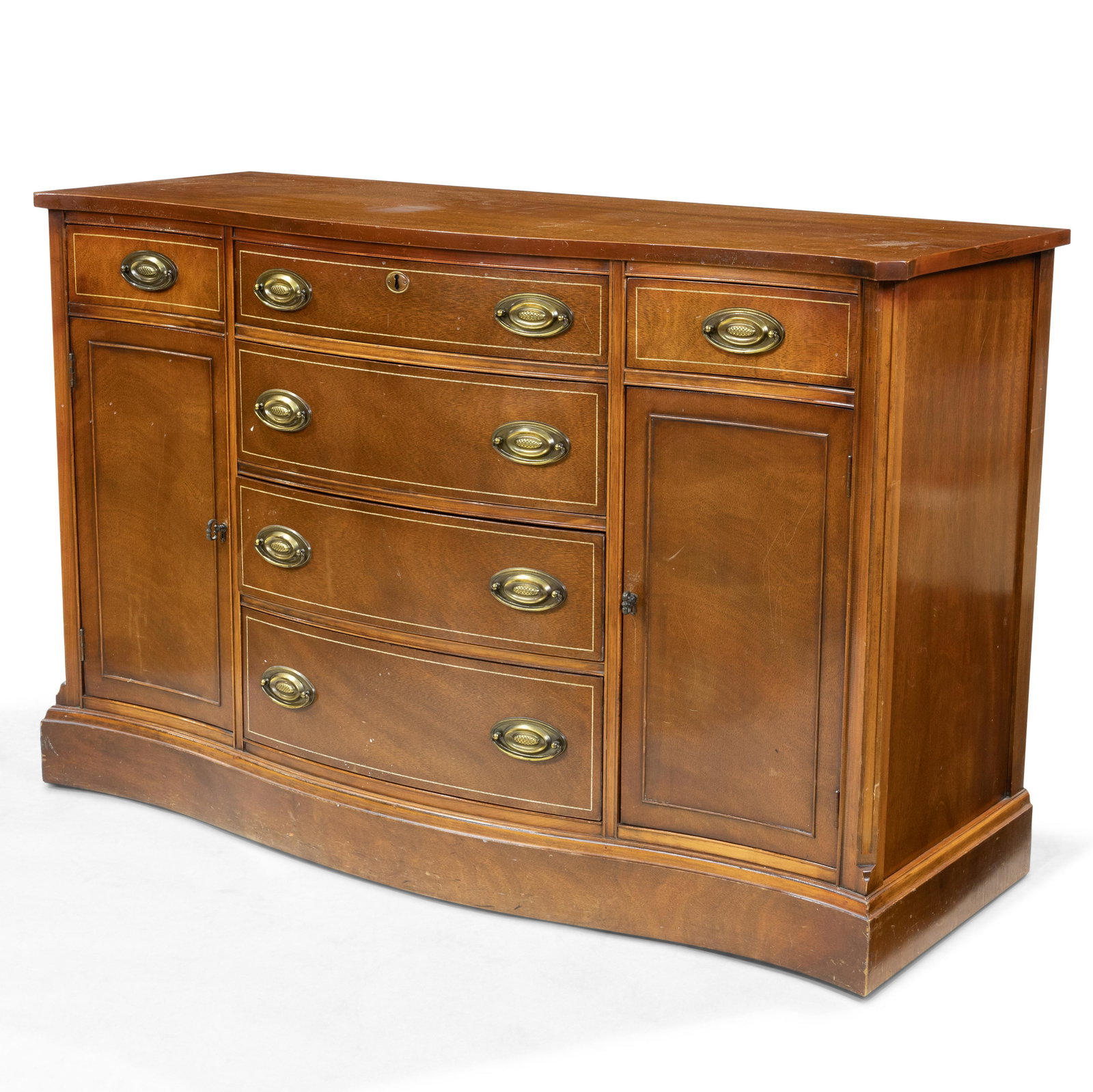 Mahogany Inlaid Sever: Description - Mahogany serpentine inlaid server. Dimensions - 33.5" x 51.5" x 18.5"