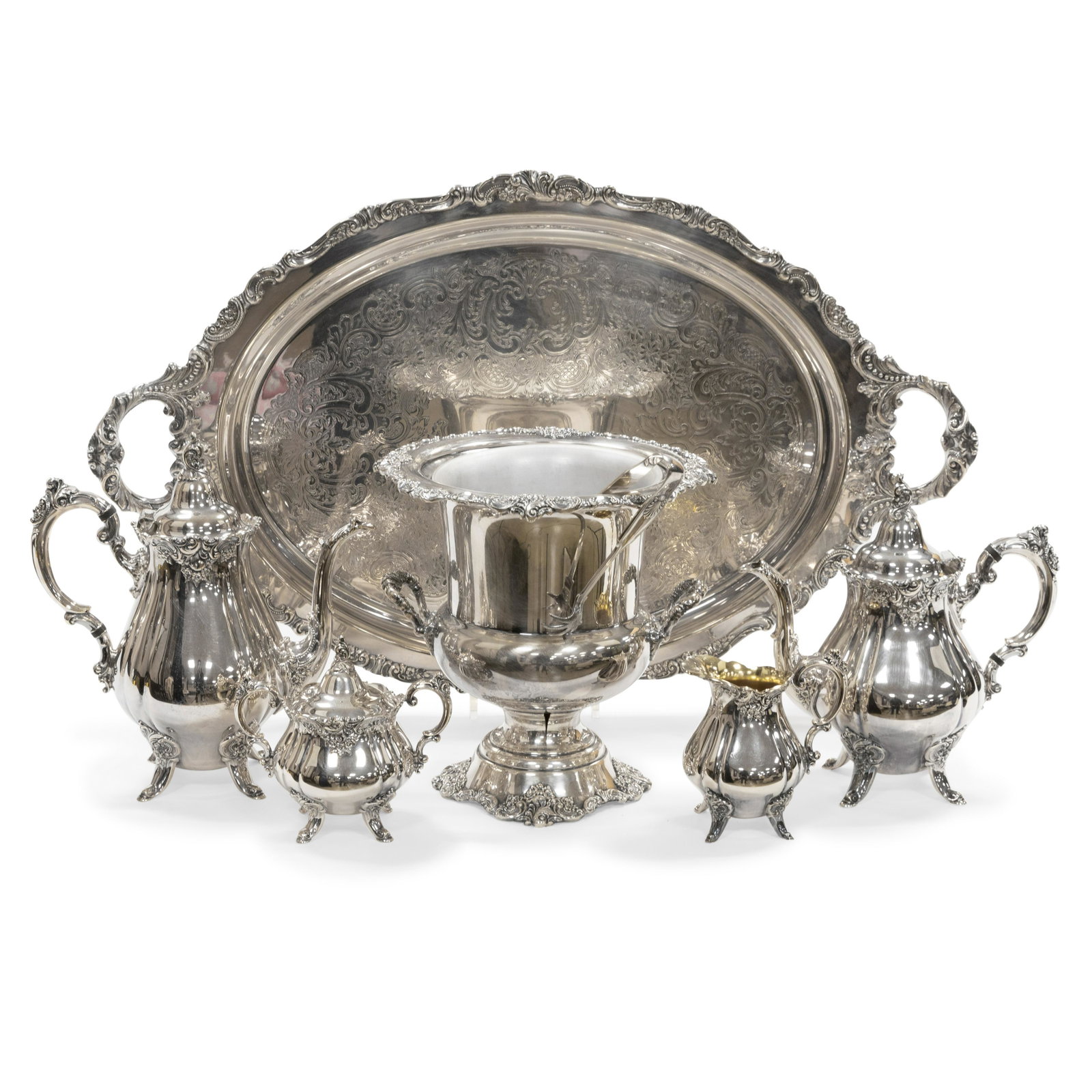 Wallace Grand Baroque Tea Set and Bucket: Description - Wallace Grand Baroque 6 piece silverplate tea set on tray and matching champagne bucket. Dimensions - (tea tray) 29" x 18" (bucket) 10.5" x 10"
