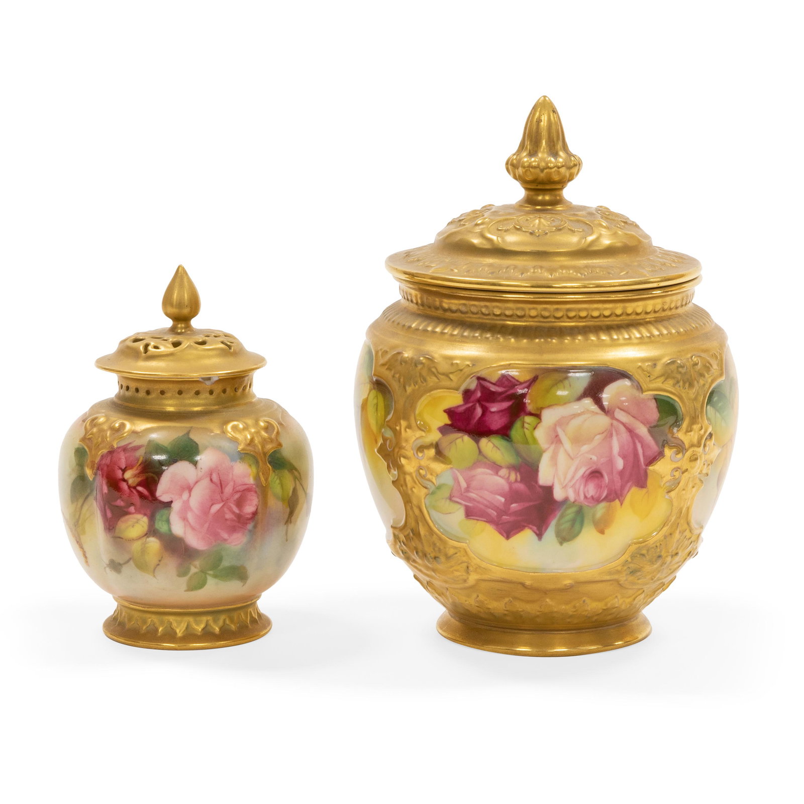 Royal Worcester Lidded Urns - 2: Description - Royal Worcester set of 2 lidded urns floral motif artist signed. Dimensions - 7" x 5"