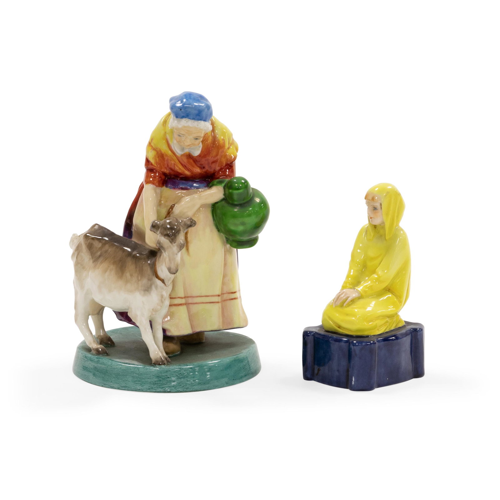 Royal Worcester Figures of Women - 2: Description - Royal Worcester figure of woman with goat and kneeling woman in robe modeled by Phoebe Stabler. Dimensions -