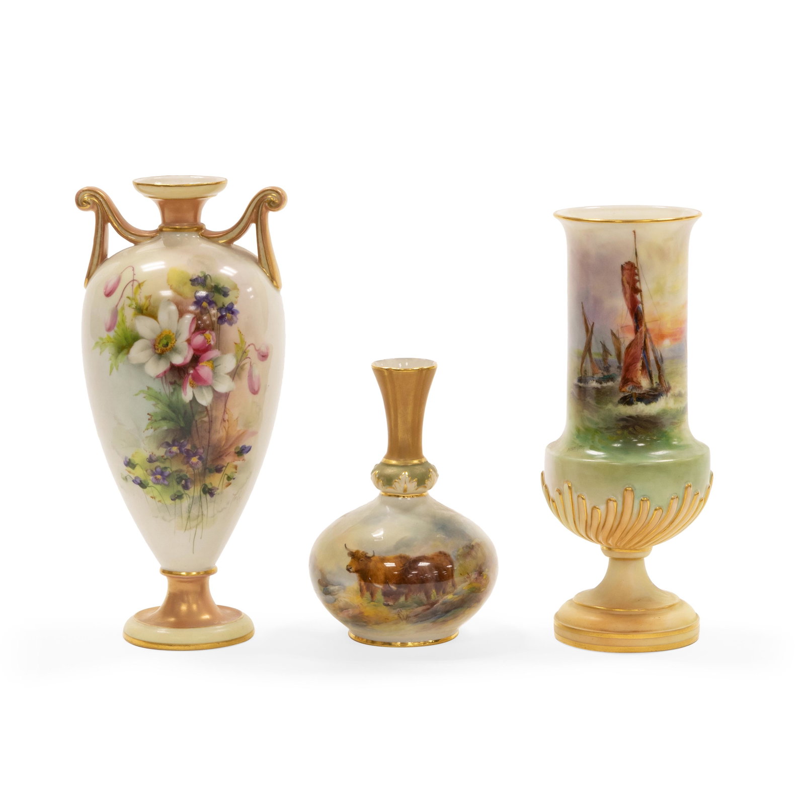 Royal Worcester Urn and Vases: Description - Royal Worcester floral urn, open vase with ships and artist signed stinton vase with cows. Dimensions - (urn) 9" x 3"