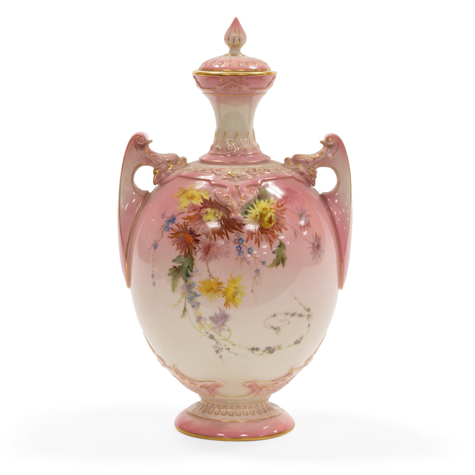 Royal Worcester Lidded Urn: Description - Royal Worcester pink floral lidded urn. Dimensions - 10" x 5"