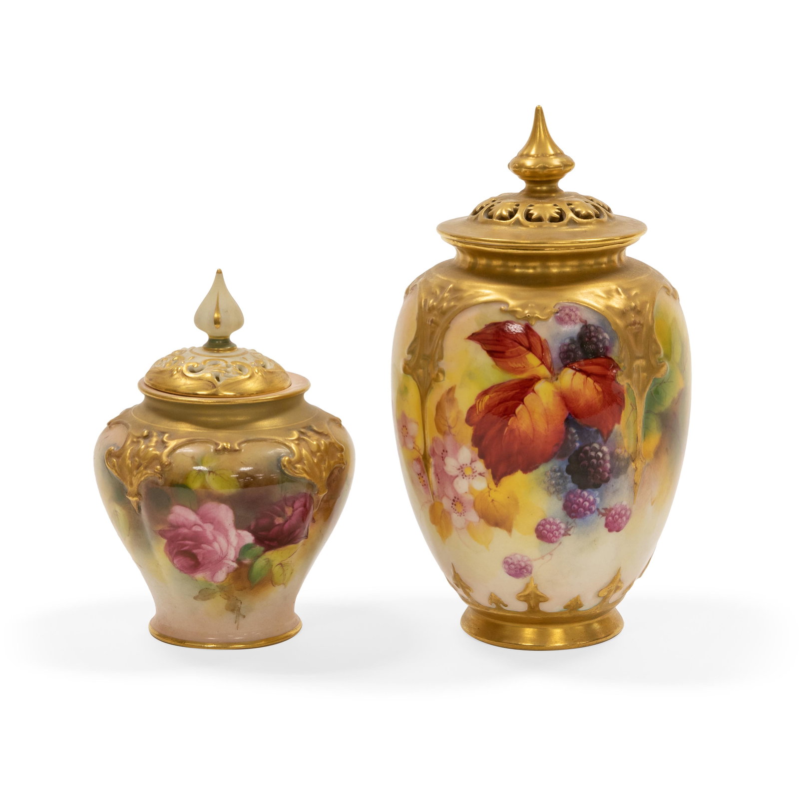 Royal Worcester Covered Urns - 2: Description - Royal Worcester covered urns artist signed Blake. Dimensions - 7" x 4"