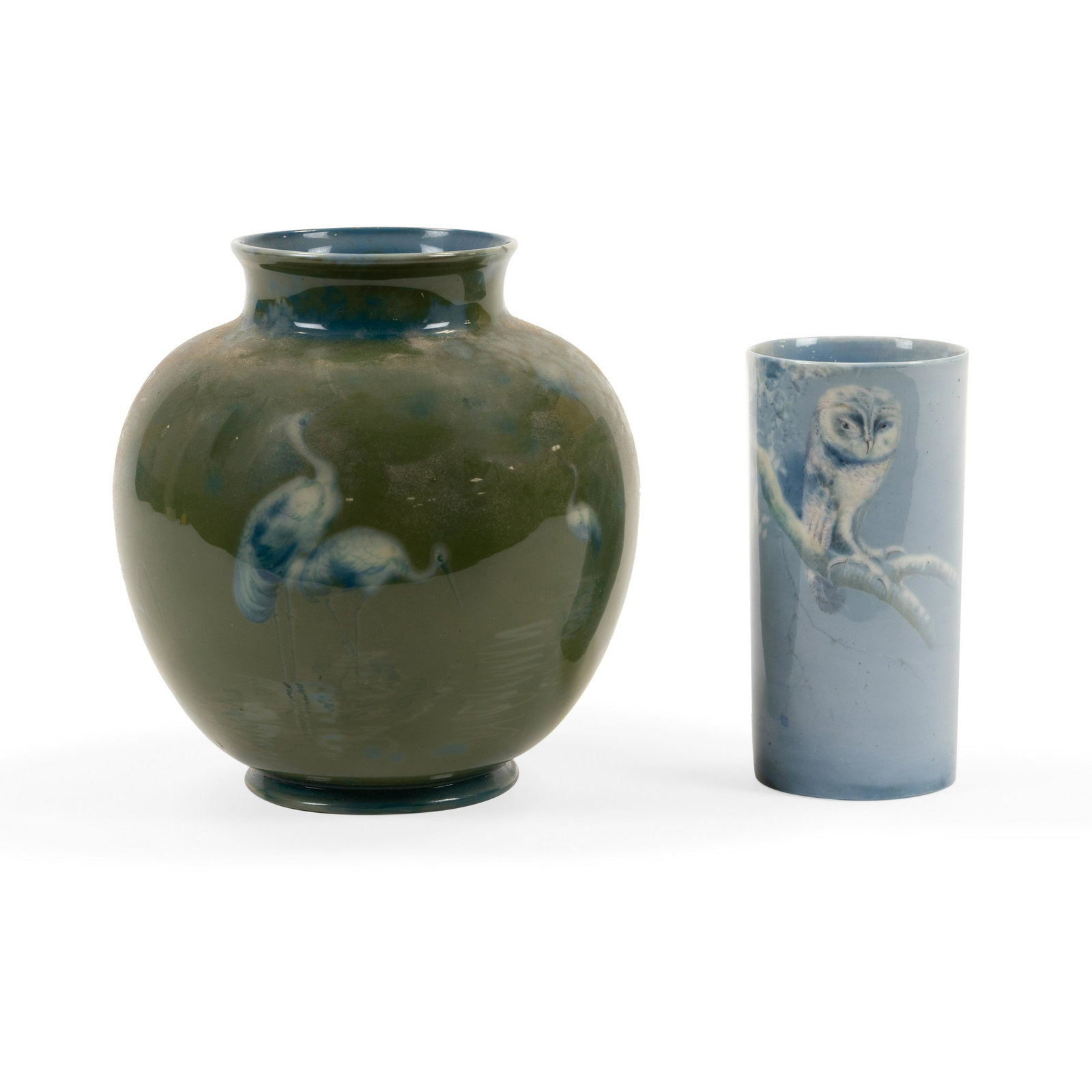 Royal Worcester Vases - 2: Description - Royal Worcester Sabrina ware vase with cranes and cylindrical vase with owl. Dimensions - (larger) "6.5 x "5