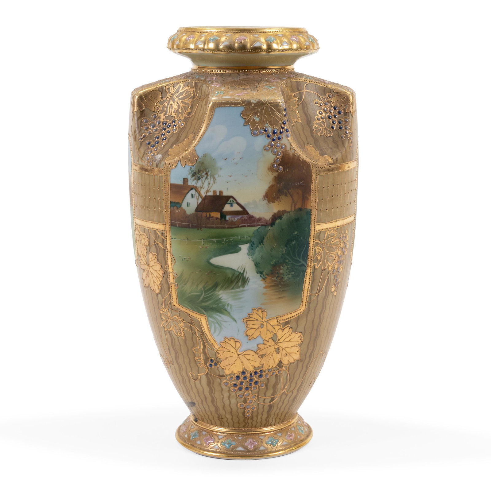 Large Scenic Enameled Nippon Vase: Description - Large scenic enameled Nippon vase. Dimensions - 15" x 8"