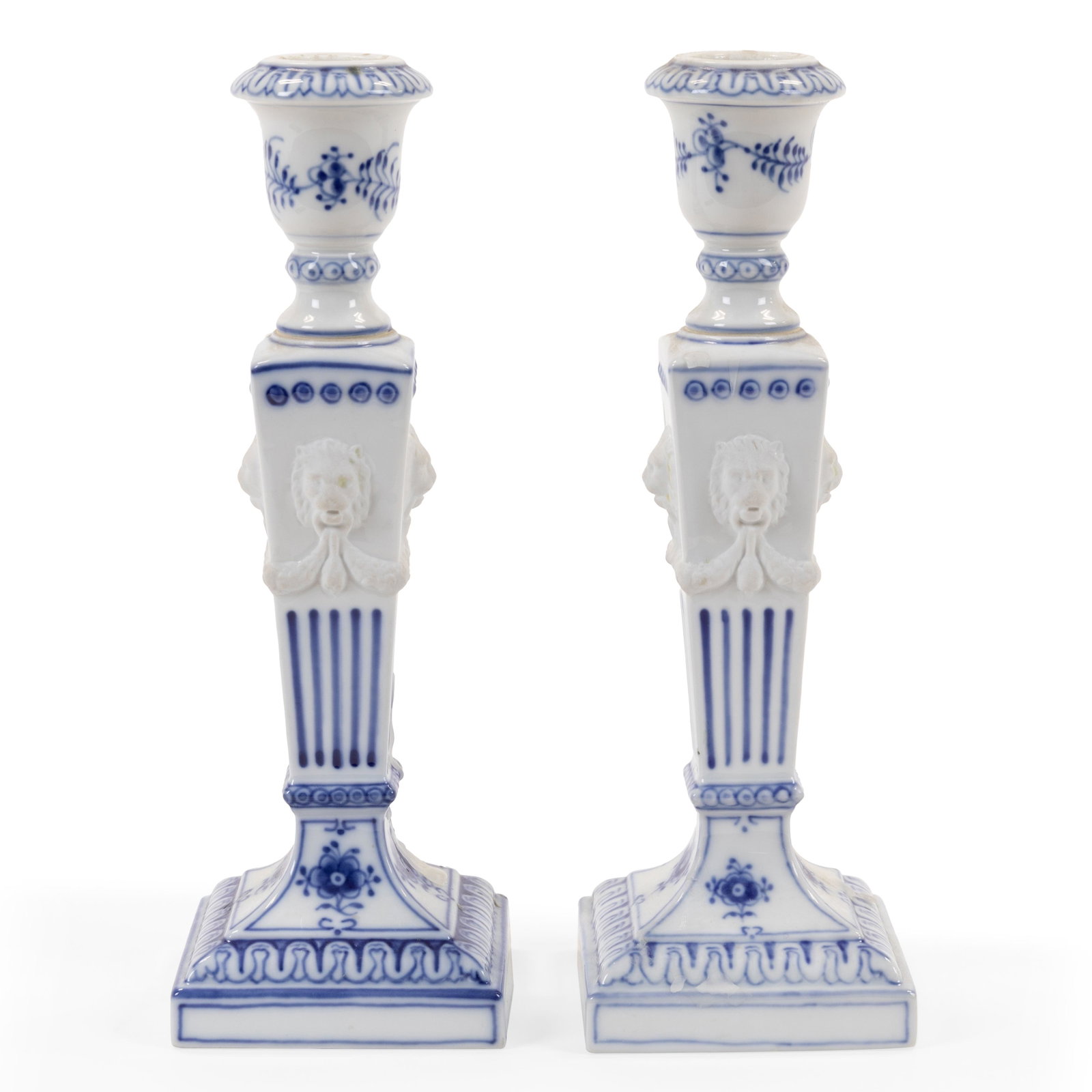 Copenhagen Candlesticks - Pair: Description - Pair of Copenhagen candlesticks with frosted lion masks. Dimensions - 9" x 3"