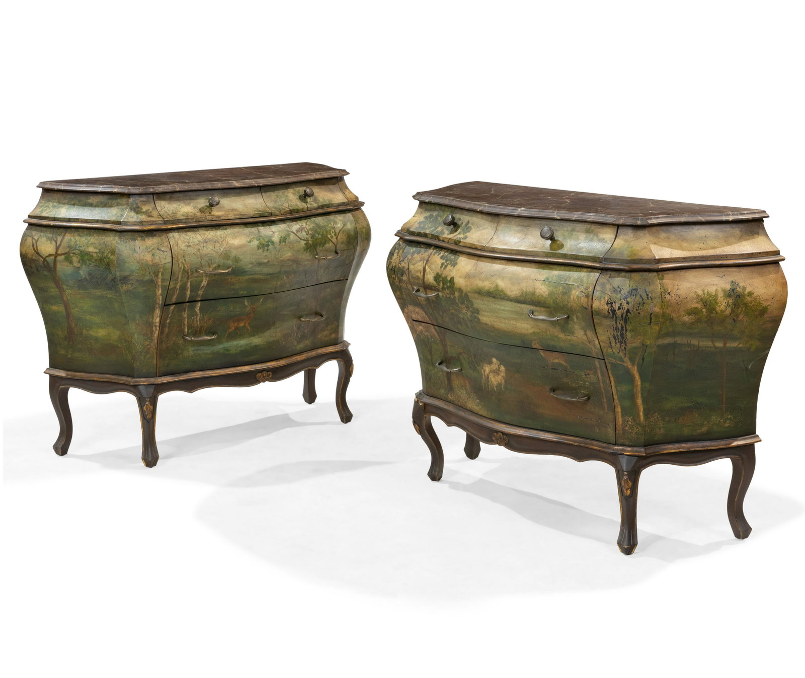 Italian Painted Bombay Commodes: Description - Pair of Italian painted faux marble top bombay commodes. Dimensions - 31.5" x 45" x 18"
