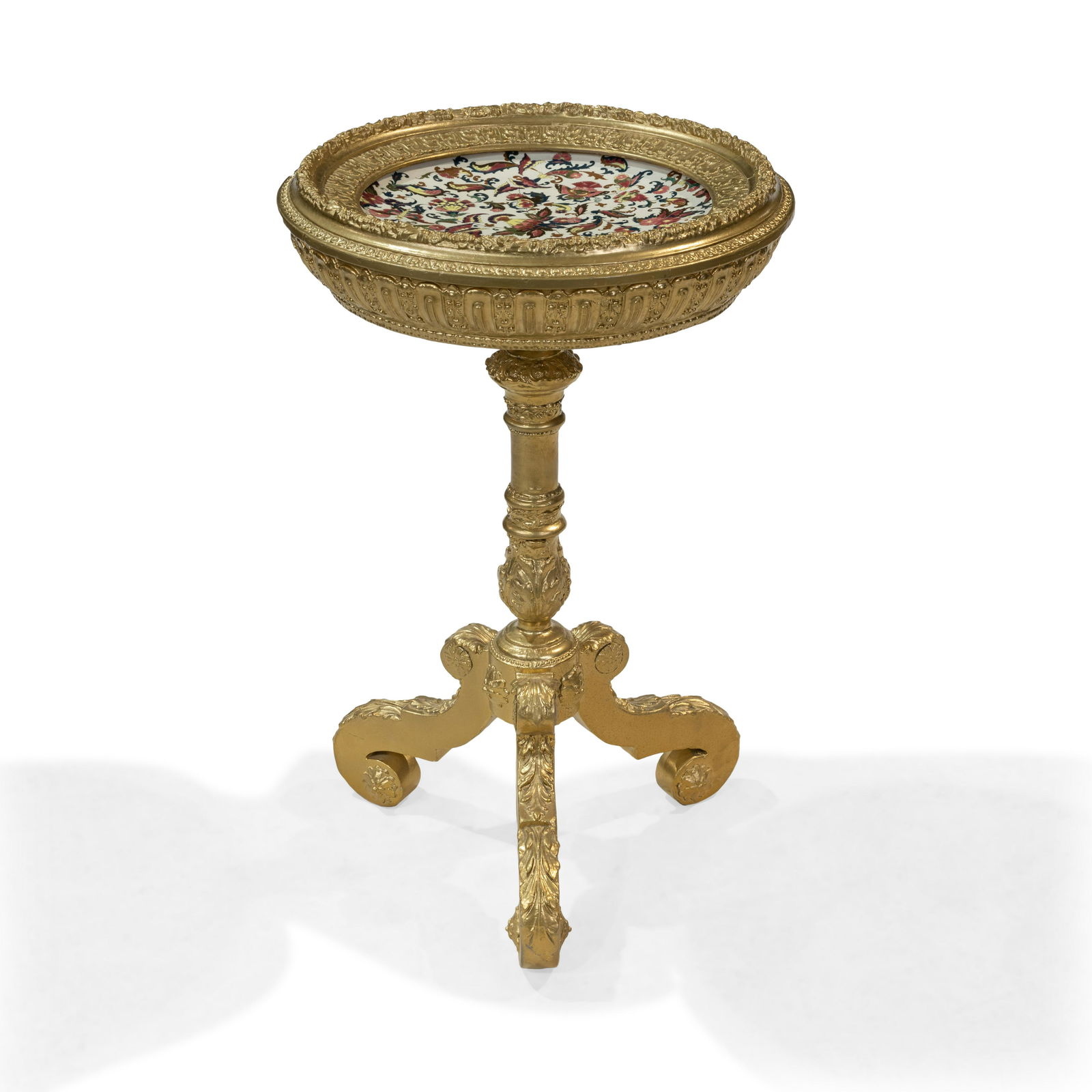 Giltwood Table with Zsolnay Charger: Description - Giltwood table with Zsolnay charger. Dimensions - 30.5" x 19"