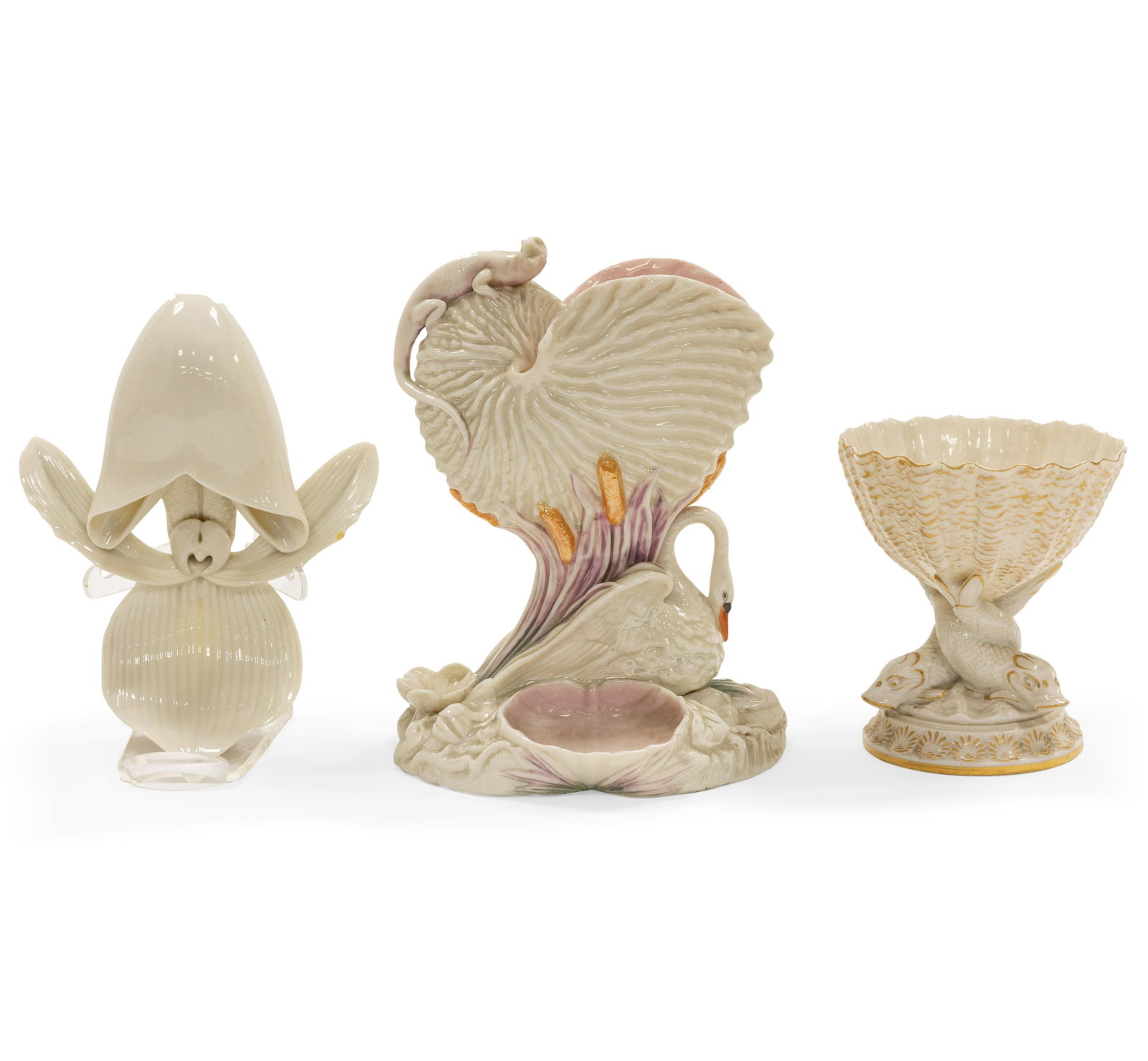 Royal Worcester 3 Pieces of Porcelain: Description - Royal Worcester pedestal bowl with fish, shell vase with swan and orchid wall pocket. Dimensions - 10" x 6" x 6" (largest)