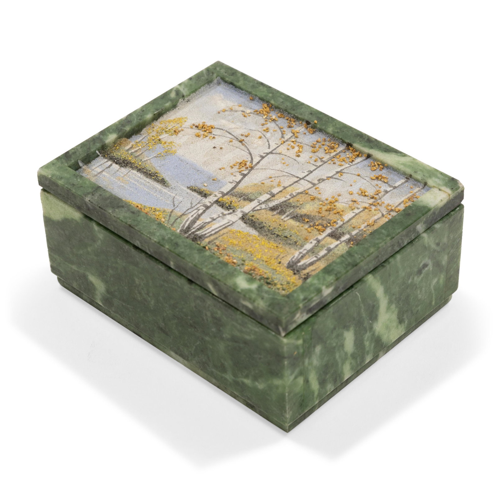 Marble Box: Description - Marble box with raised hand painted lake scene and birch trees. Dimensions - 2" x 4" x 3"