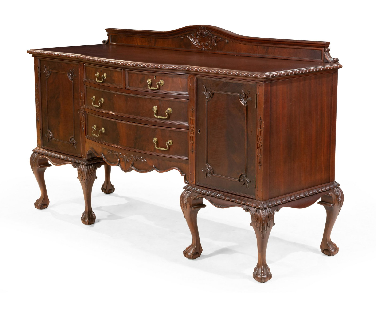 Mahogany Ball and Claw Buffet: Description - Mahogany rope edge bow front ball and claw buffet. Dimensions - 44.5" x 72.5" x 25.5"