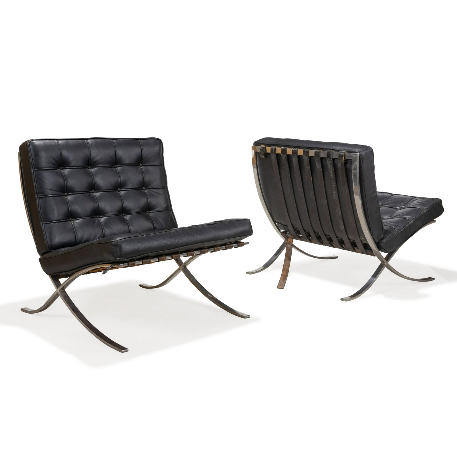 Mies Van Der Rohe - Knoll - Barcelona Chairs: Description - A pair of Barcelona chairs by Mies Van Dero Rohe for Knoll. Dimensions - 30" x 30" x 30"