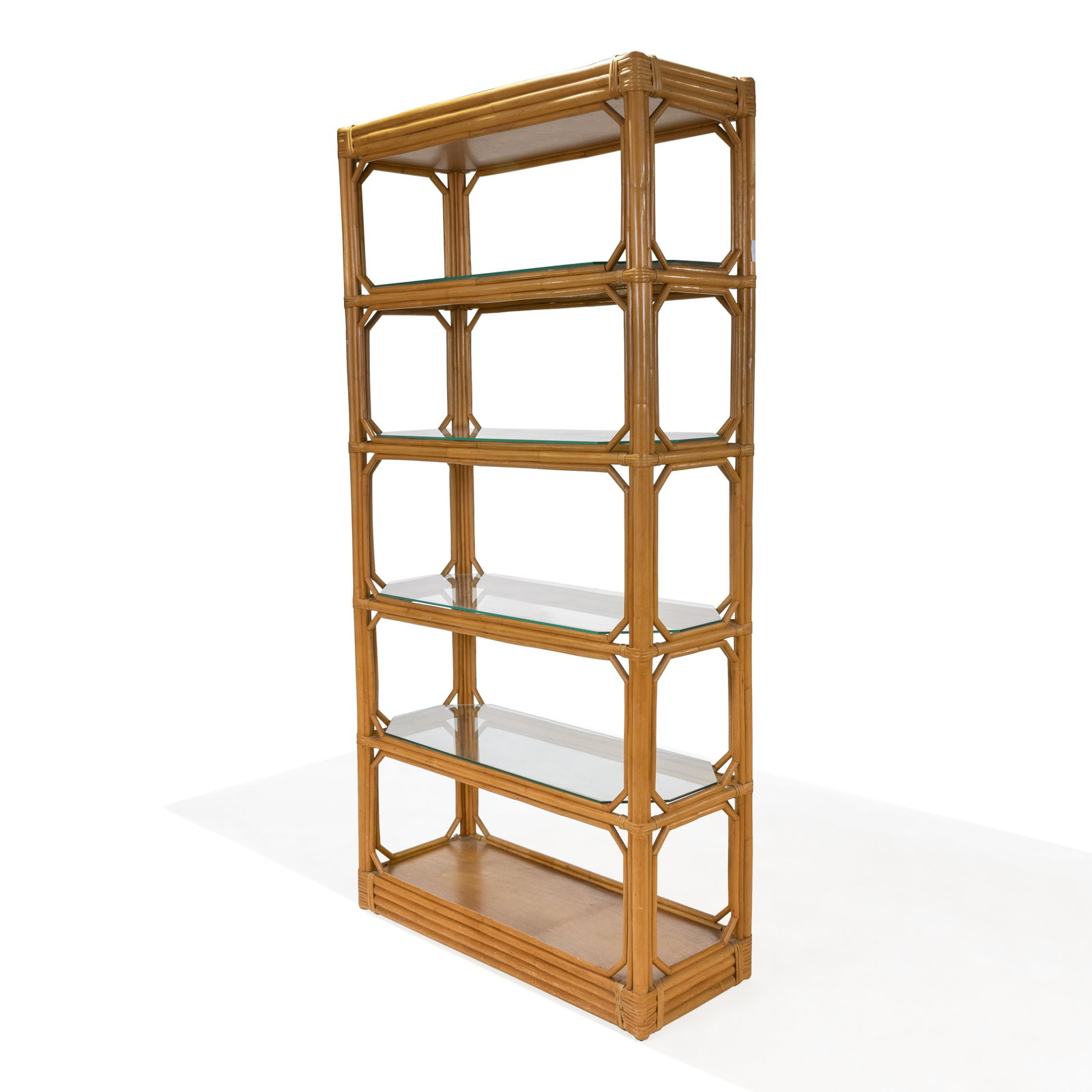 Rattan & Glass Etagere: Description - Rattan and Glass etagere. Dimensions - 77.5" x 39" x 15"