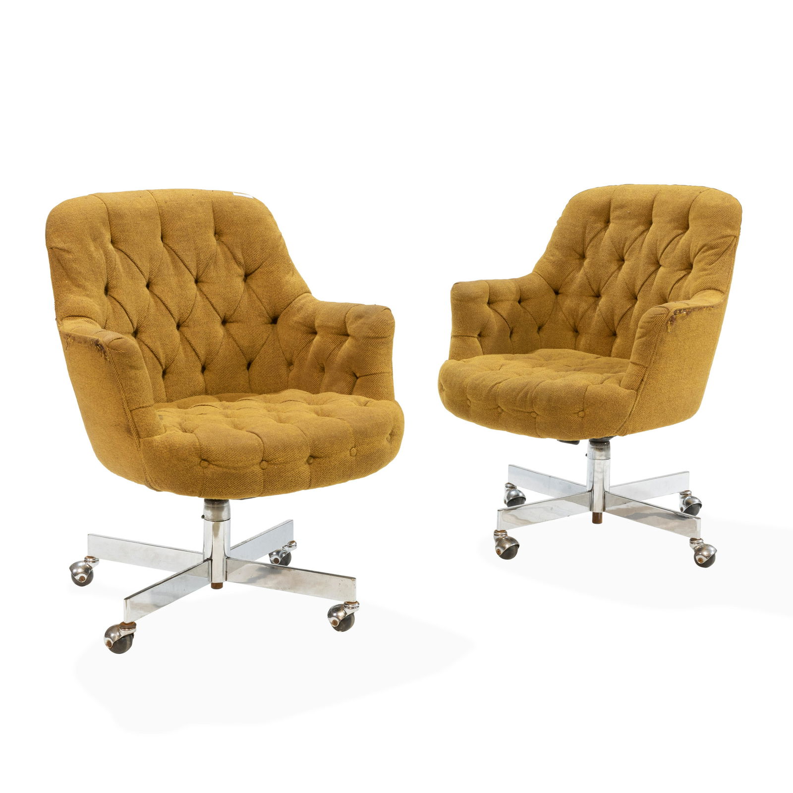 Ward Bennett - Tufted Swivel Chairs: Description - A pair of Ward Bennett tufted swivel chairs. Dimensions - 34" x 27" x 25"