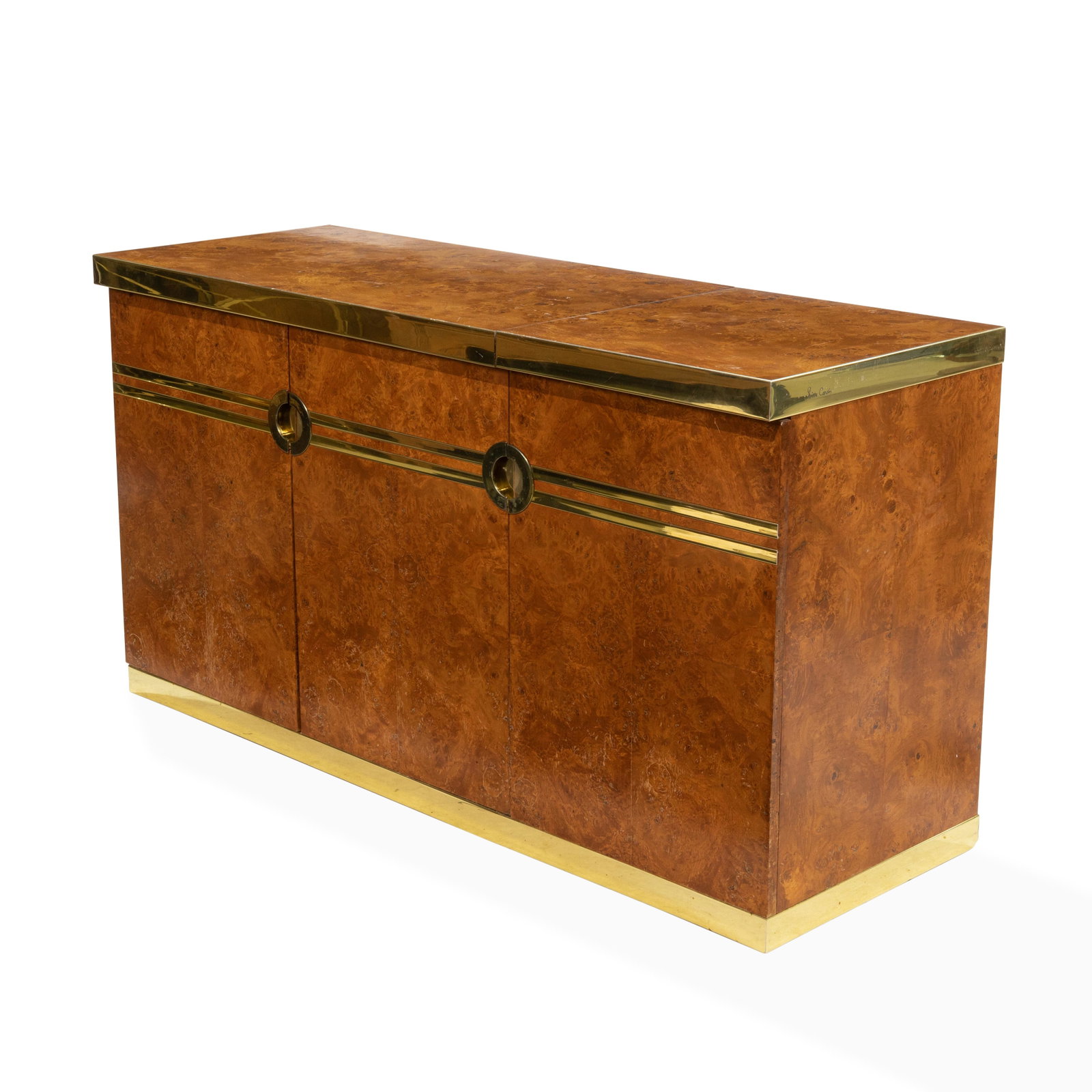 Pierre Cardin - Burl Credenza: Description - Pierre Cardin burl and brass credenza/buffet with flip up top. Dimensions - 31" x 56" x 20"