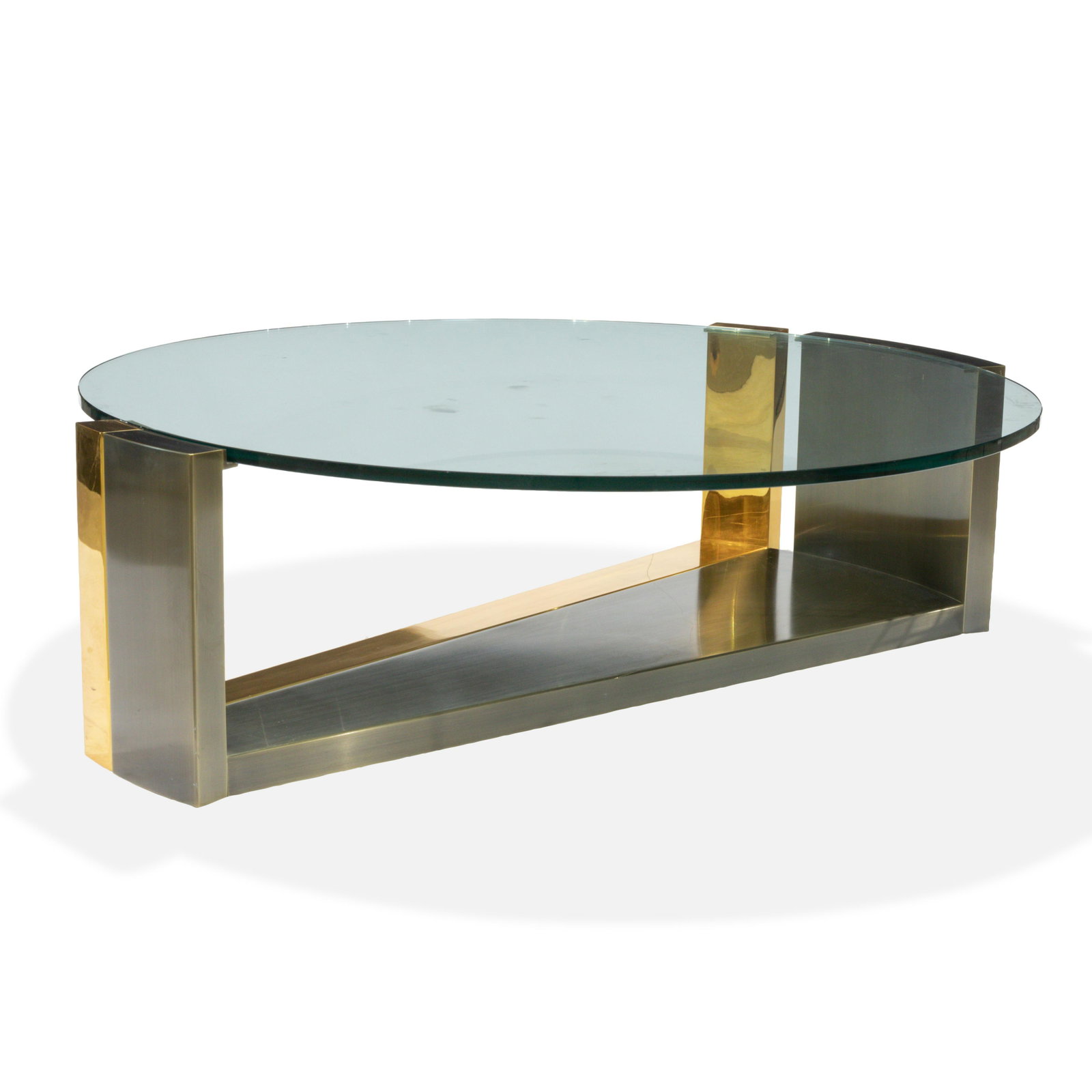 Romeo Rega Style - Steel and Brass Coffee Table: Description - A large coffee table with gun metal and brass coffee table with round glass top. Dimensions - 17" x 58"