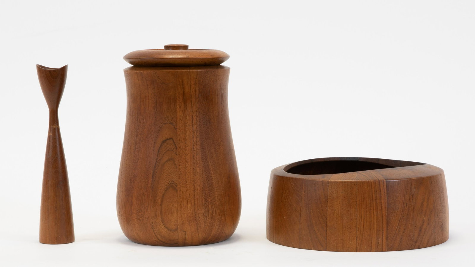 Dansk Wine Cooler & Bowl: Description - A Danish teak wine cooler and bowl by Dansk and a Danish teak candle stick. Dimensions - Wine Cooler - 13" x 7"