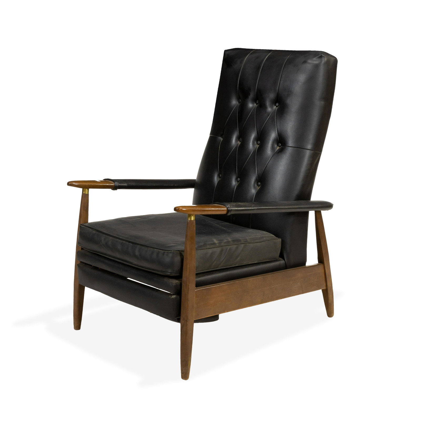 Mid Century Paddle Arm Recliner: Description - A mid century paddle arm recliner with brass fittings on arms. Dimensions - 39" x 27" x 31".