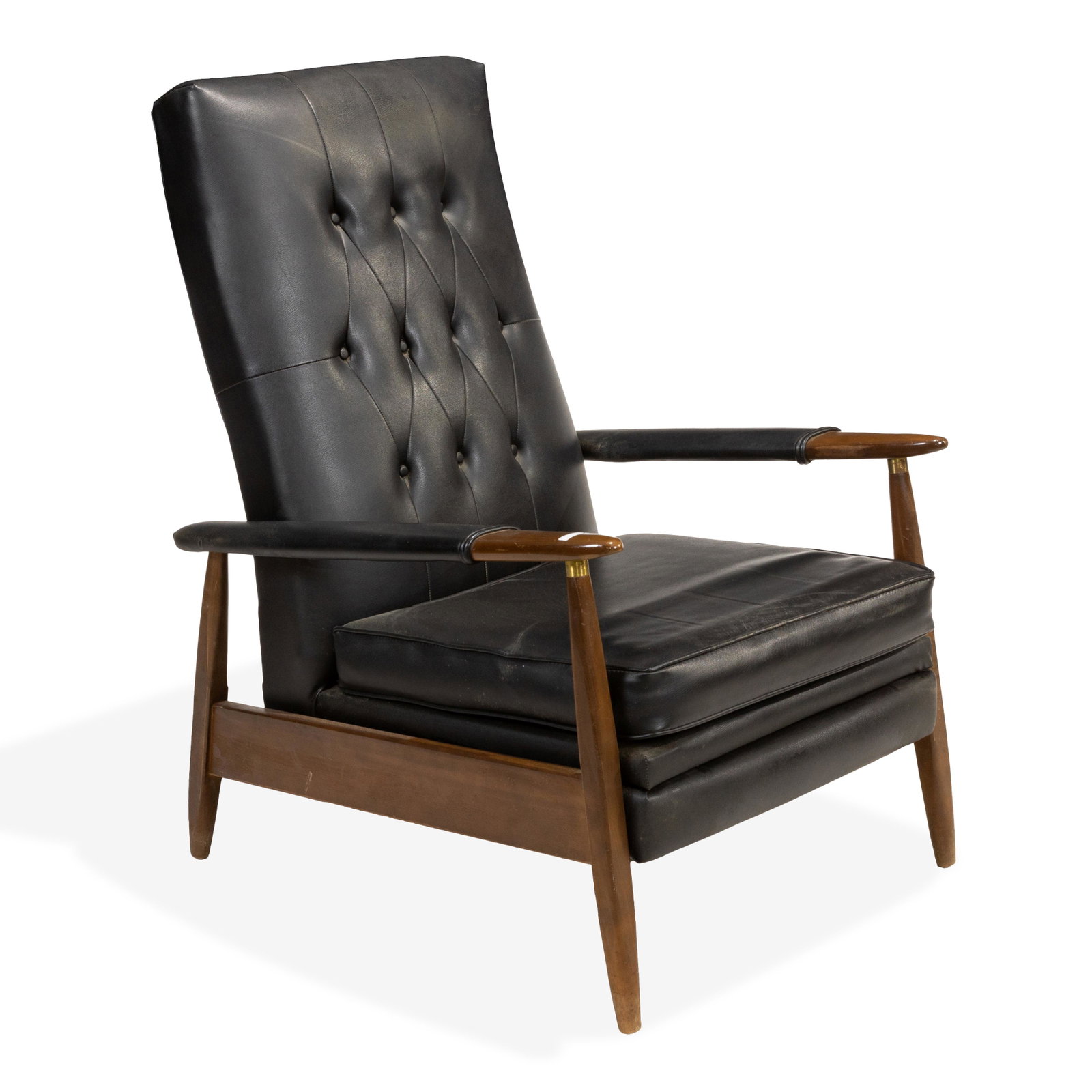 Mid Century Paddle Arm Recliner: Description - A mid century paddle arm recliner with brass fittings on arms. Dimensions - 39" x 27" x 31".