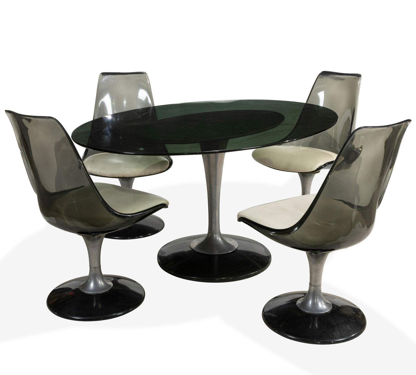 Chromcraft - Kitchen Set: Description - A Chromcraft glass top kitchen set with tulip bases. Dimensions - Table - 29" x 60" x 45"