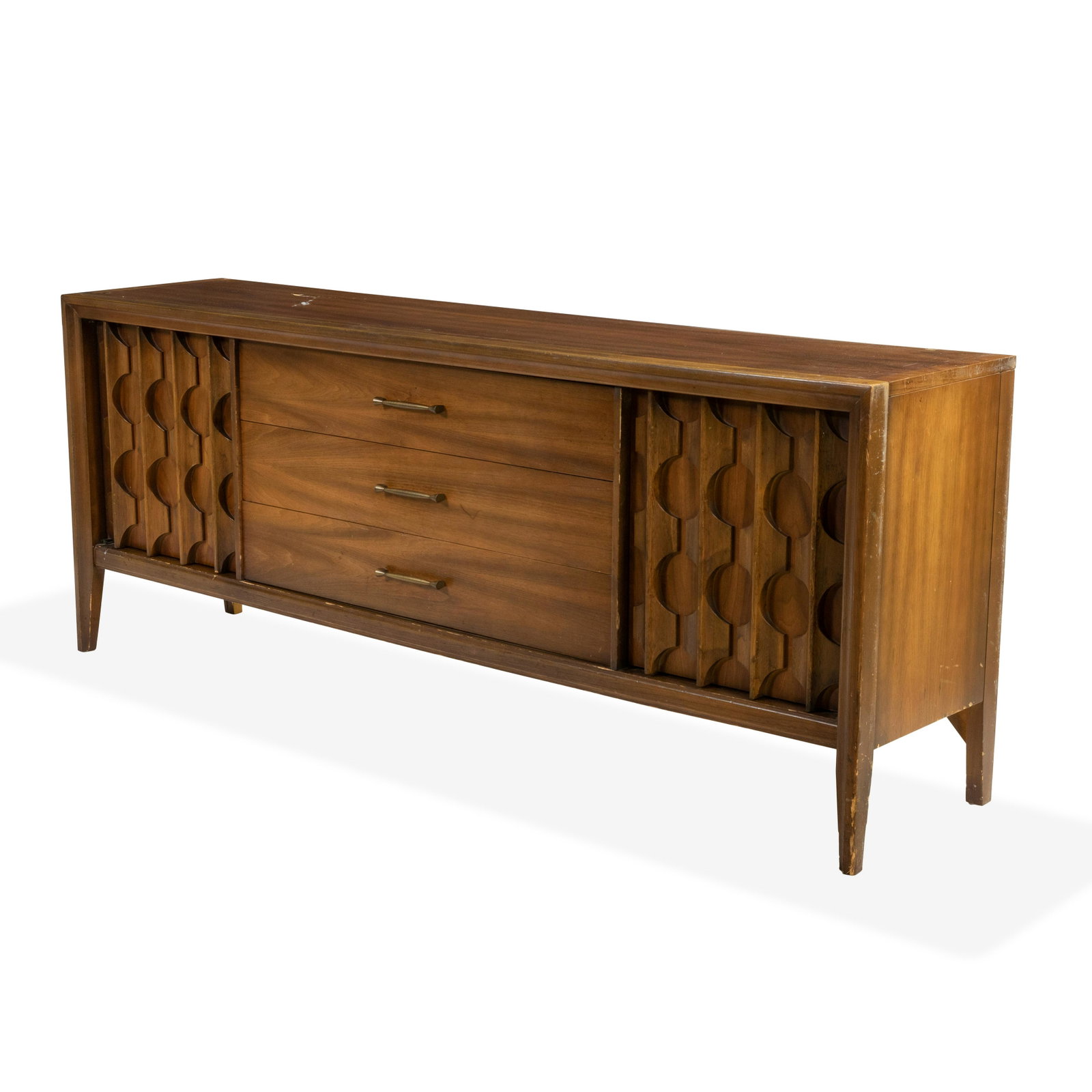 Mid Century Walnut Credenza: Description - A mid century walnut credenza. Dimensions - 28" x 70" x 16"