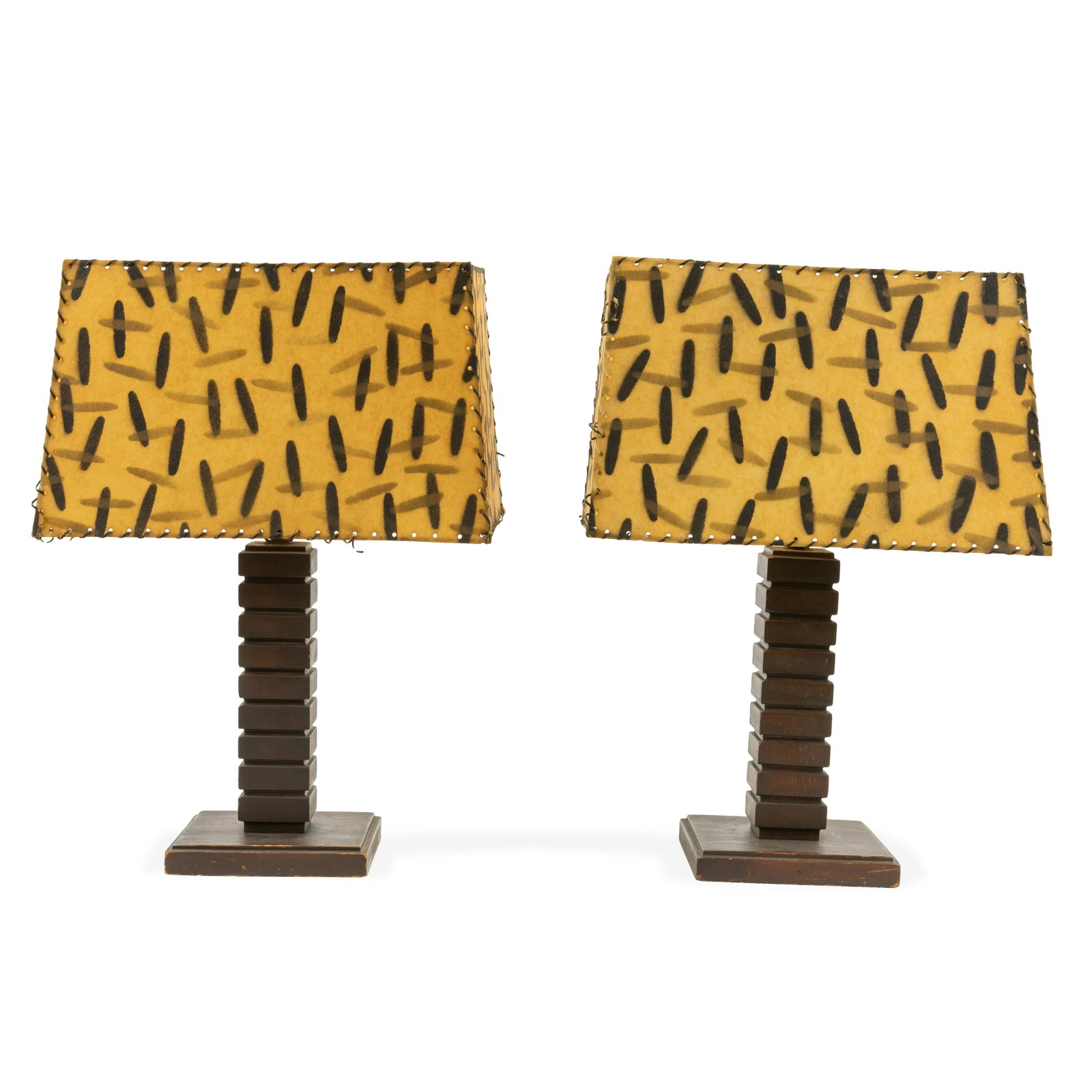Art Deco Mahogany Lamps: Description: Pair of art deco mahogany lamps, with hide shades Dimensions: Shades: 18"X 12" 25" H Base: 8 1/2" X 8 1/2"