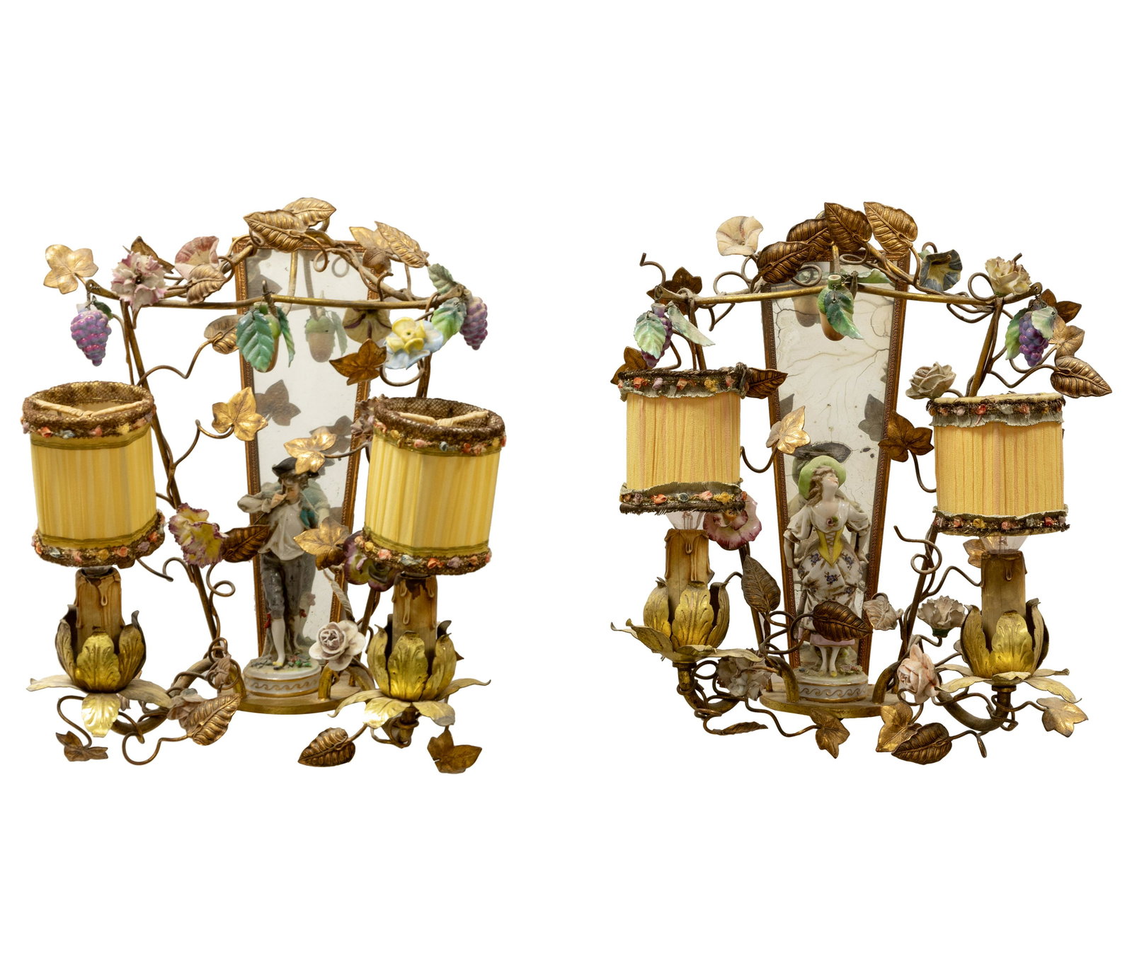 Italian Figural Sconces: Description - Italian gilt metal and porcelain figural sconces. Dimensions - 12" x 10" x 6.5"