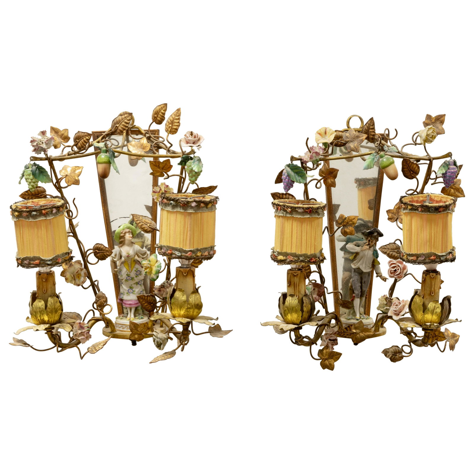 Italian Figural Sconces: Description - Italian gilt metal and porcelain figural sconces. Dimensions - 12" x 10" x 6.5"
