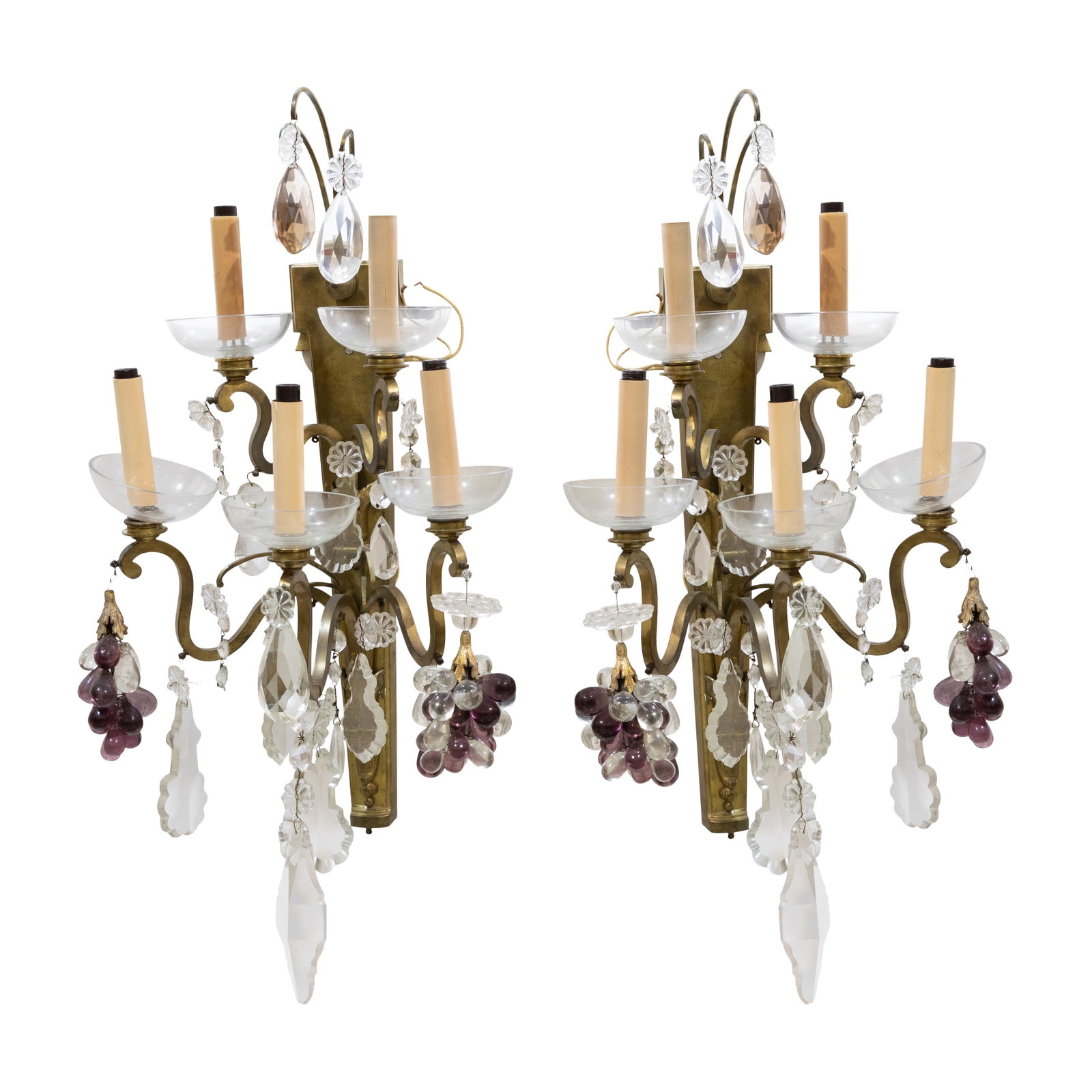 French Bronze Sconces: Description - A pair of bronze and crystal French sconces. Dimensions - 25" x 13"