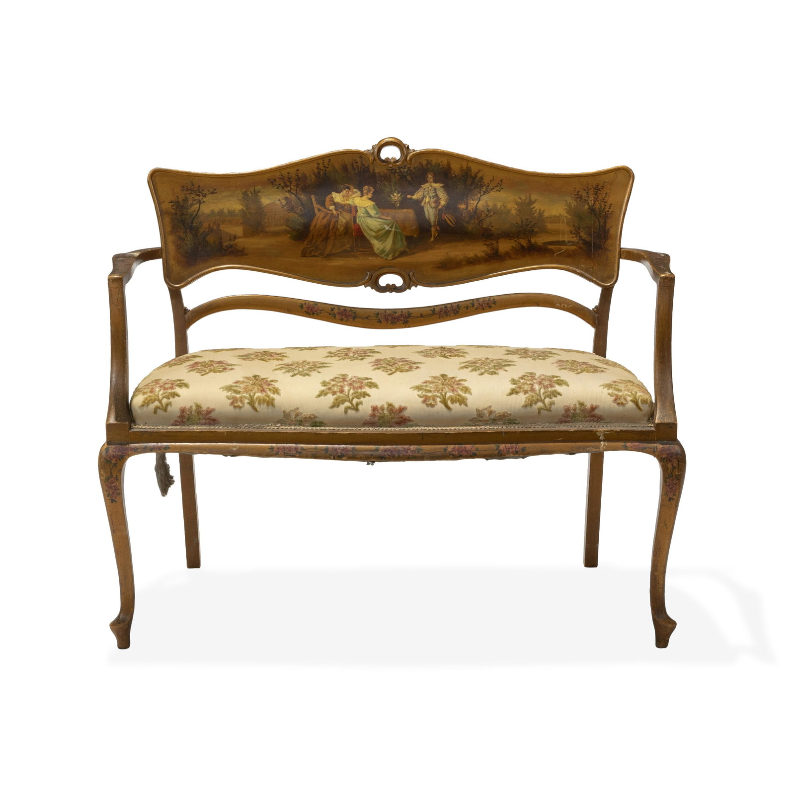 Vernis Martin Hand Painted Loveseat: Description - A Vernis Martin French style, hand painted loveseat. Dimensions - 35" x 43" x 19"