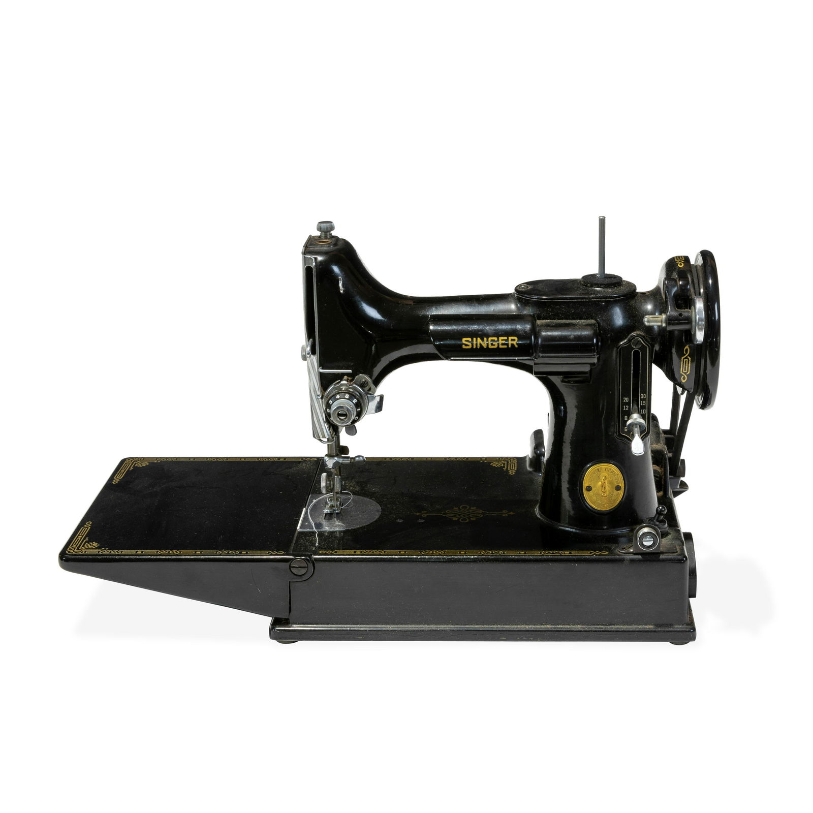 Singer Featherweight Sewing Machine: Description - A Singer featherweight sewing machine and case. Includes cord and pedal. Dimensions - Case - 12" x 13" x 8"
