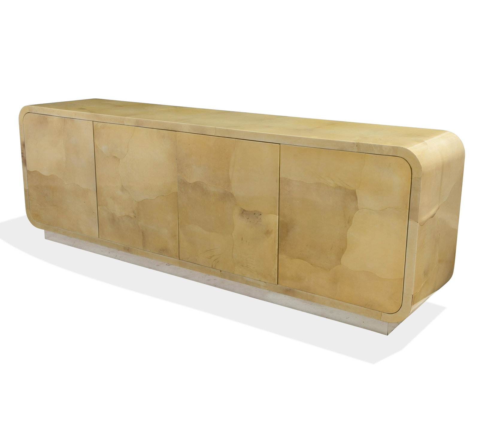 Goatskin Credenza: Description - Goatskin chrome base credenza. Dimensions - 32" x 96" x 20"