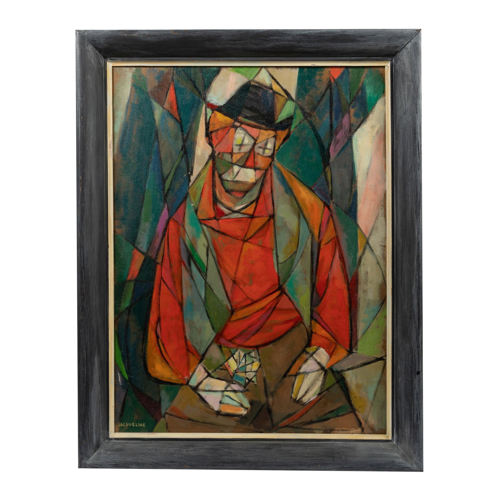 Jacqueline Fogel - Oil on Canvas of Clown: Description - A Jacqueline Fogel oil on canvas of a clown. Signed, lower left and dated on the back, "Oct. 1956." Dimensions - frame-28" x 22" sight- 24.5" x 17.5"